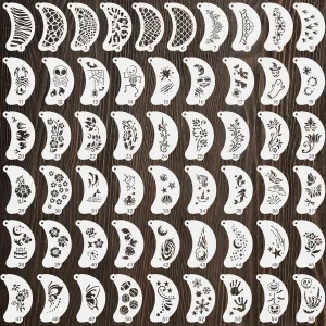 55 Pcs Face Paint Stencils, Reusable Face Painting Stencils Washable Body Makeup Art Tattoo Templates Flowers Animals Shapes Elements with Hanging Hole for Party Holiday Halloween, White Translucent