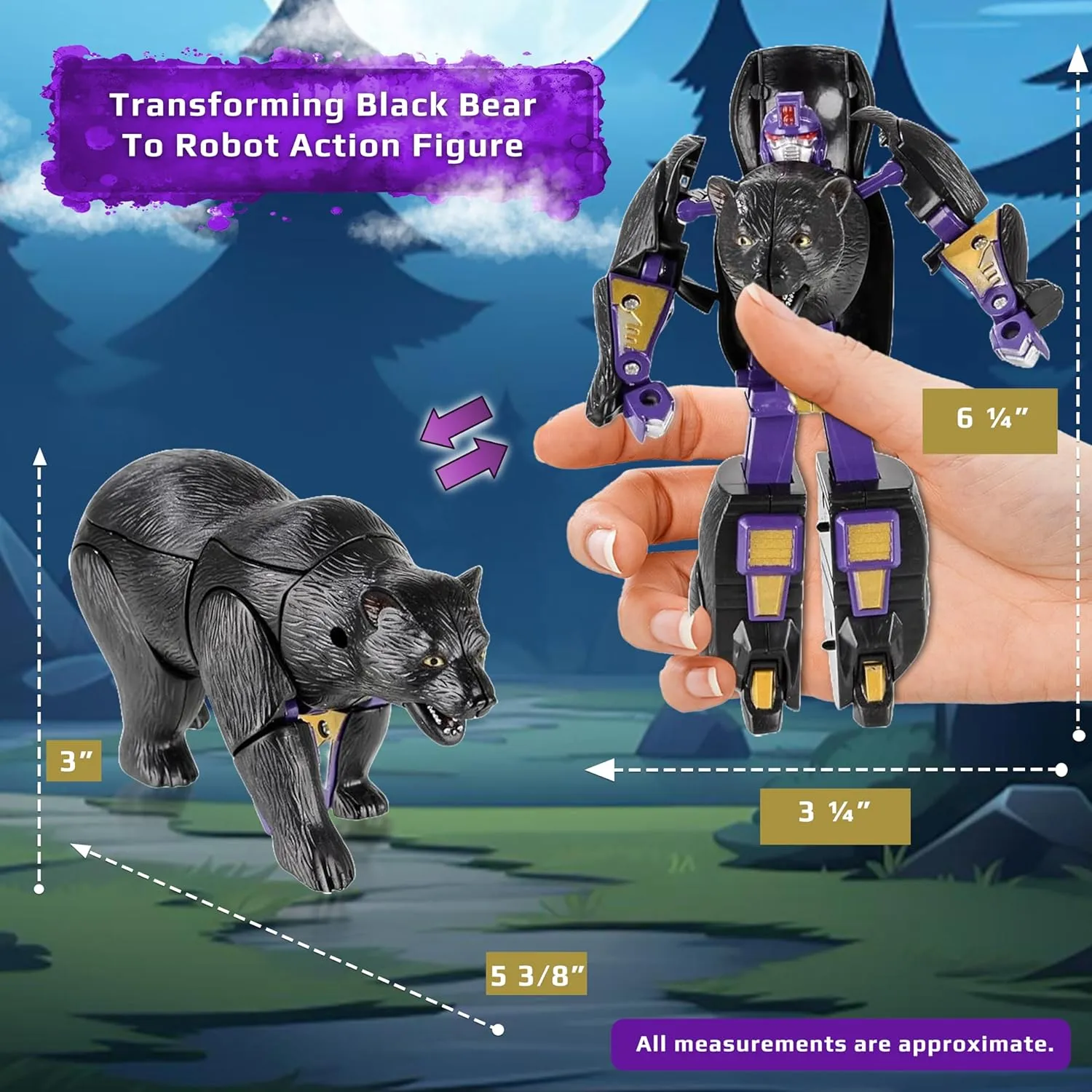5" Kids Black Bear Jungle Animal Toys – Transforming Action Figure – Changes from Detailed Animal Toy to Unique Robot Toy in Seconds – Great Gift for Both Girls and Boys (5" Black Bear)