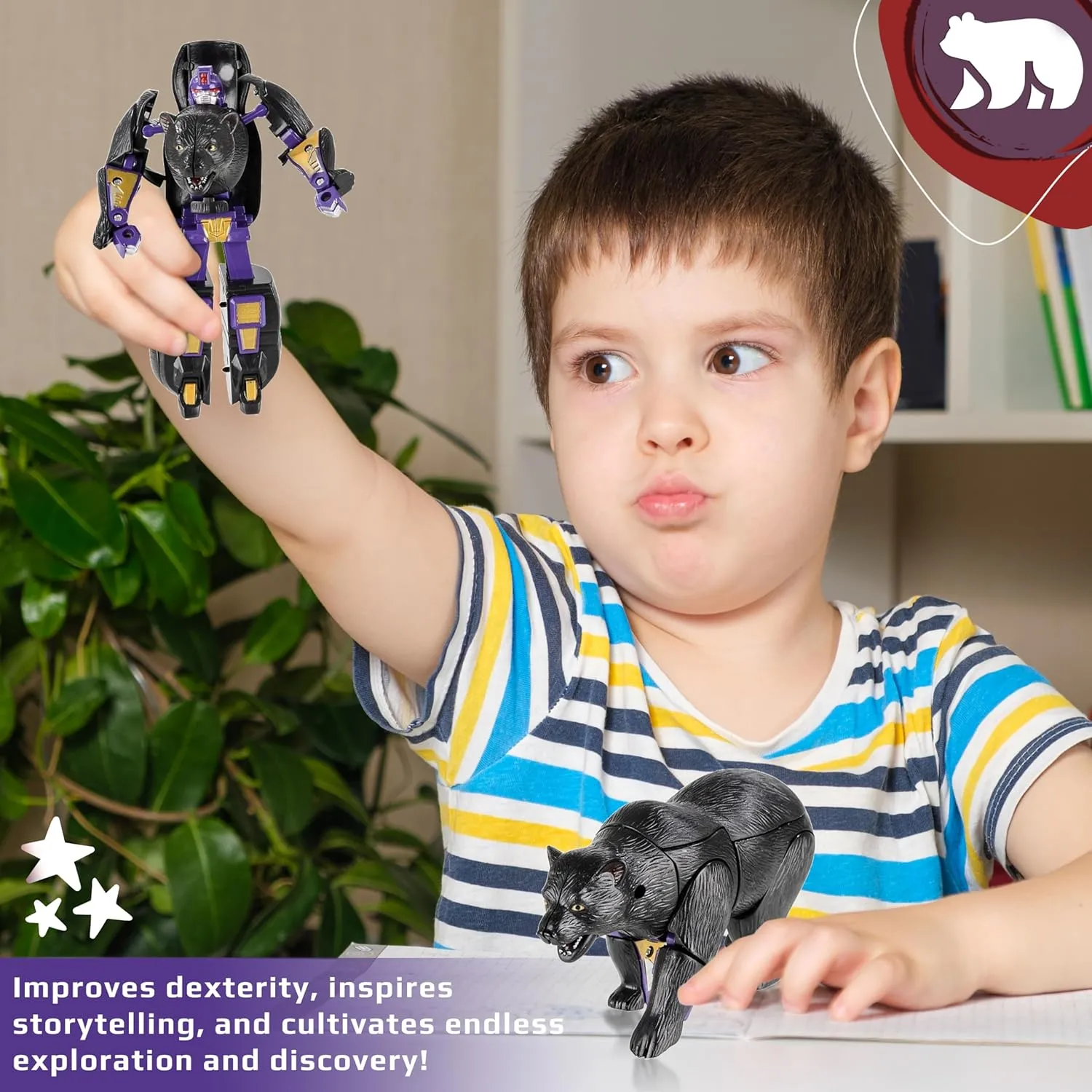 5" Kids Black Bear Jungle Animal Toys – Transforming Action Figure – Changes from Detailed Animal Toy to Unique Robot Toy in Seconds – Great Gift for Both Girls and Boys (5" Black Bear)