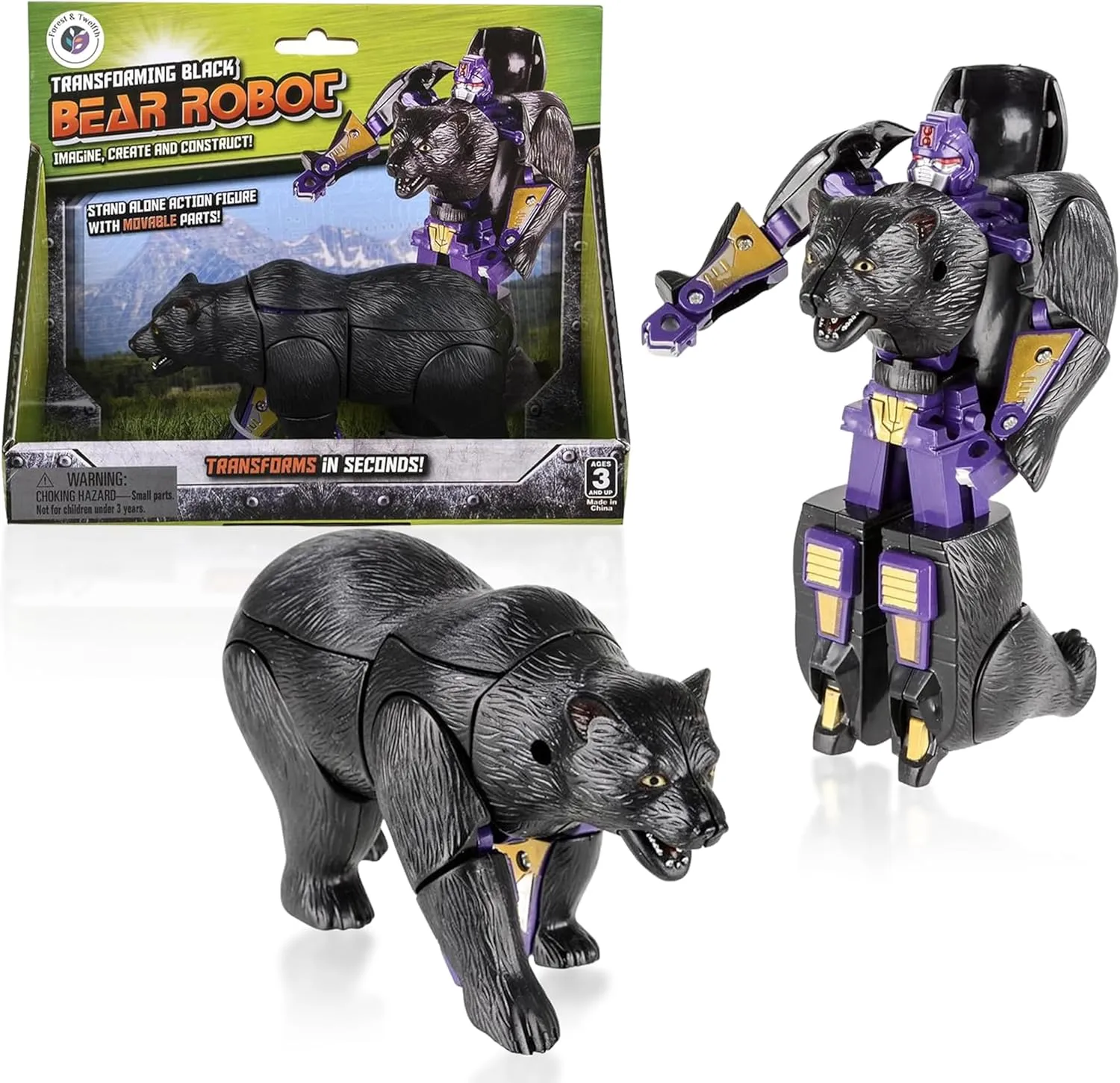 5" Kids Black Bear Jungle Animal Toys – Transforming Action Figure – Changes from Detailed Animal Toy to Unique Robot Toy in Seconds – Great Gift for Both Girls and Boys (5" Black Bear)