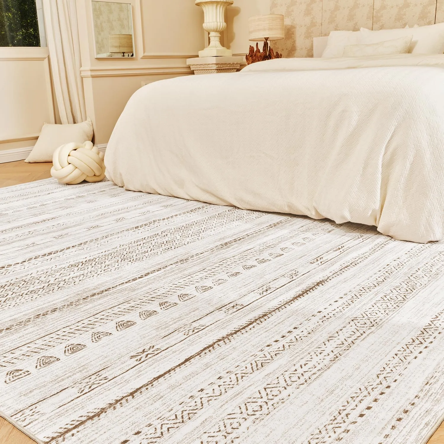 5x7 Large Area Rugs for Living Room Machine Washable Rug Distressed Indoor Carpet Neutral Moroccan Boho Rug Ultra Soft Area Rug for Bedroom Dining Room Playroom Office, Light Brown