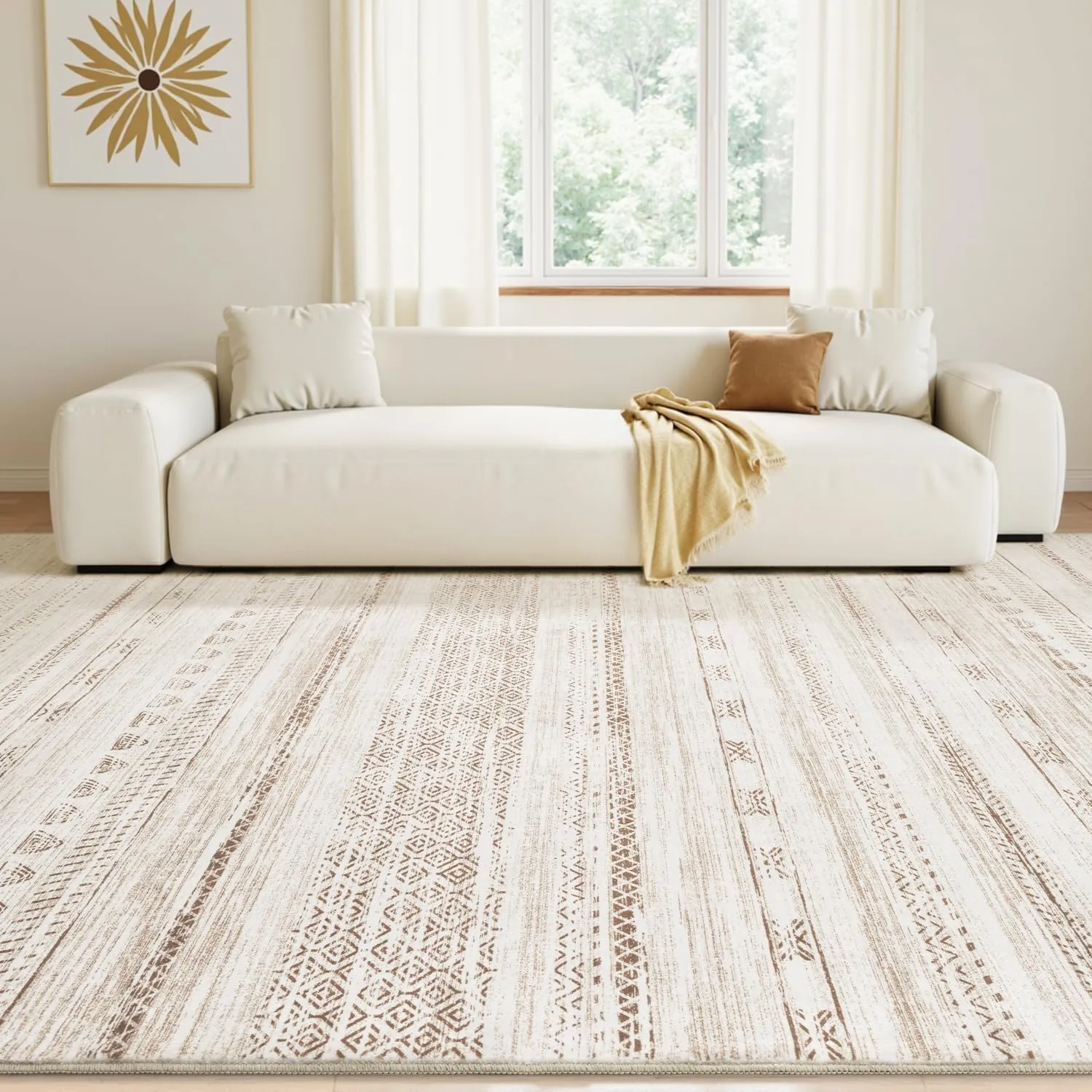 5x7 Large Area Rugs for Living Room Machine Washable Rug Distressed Indoor Carpet Neutral Moroccan Boho Rug Ultra Soft Area Rug for Bedroom Dining Room Playroom Office, Light Brown
