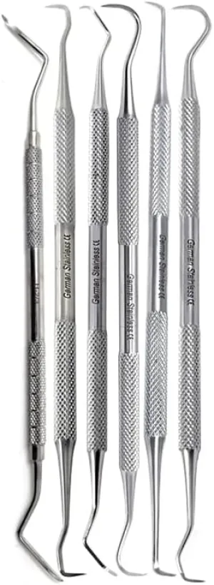 6 Dental Sickle Scalers Double Ended Probes for Professional Teeth Cleaning Calculus Plaque & Tartar Remover - Made of Stainless Steel for Oral Care with Knurled Handle, Different Double Ended Picks