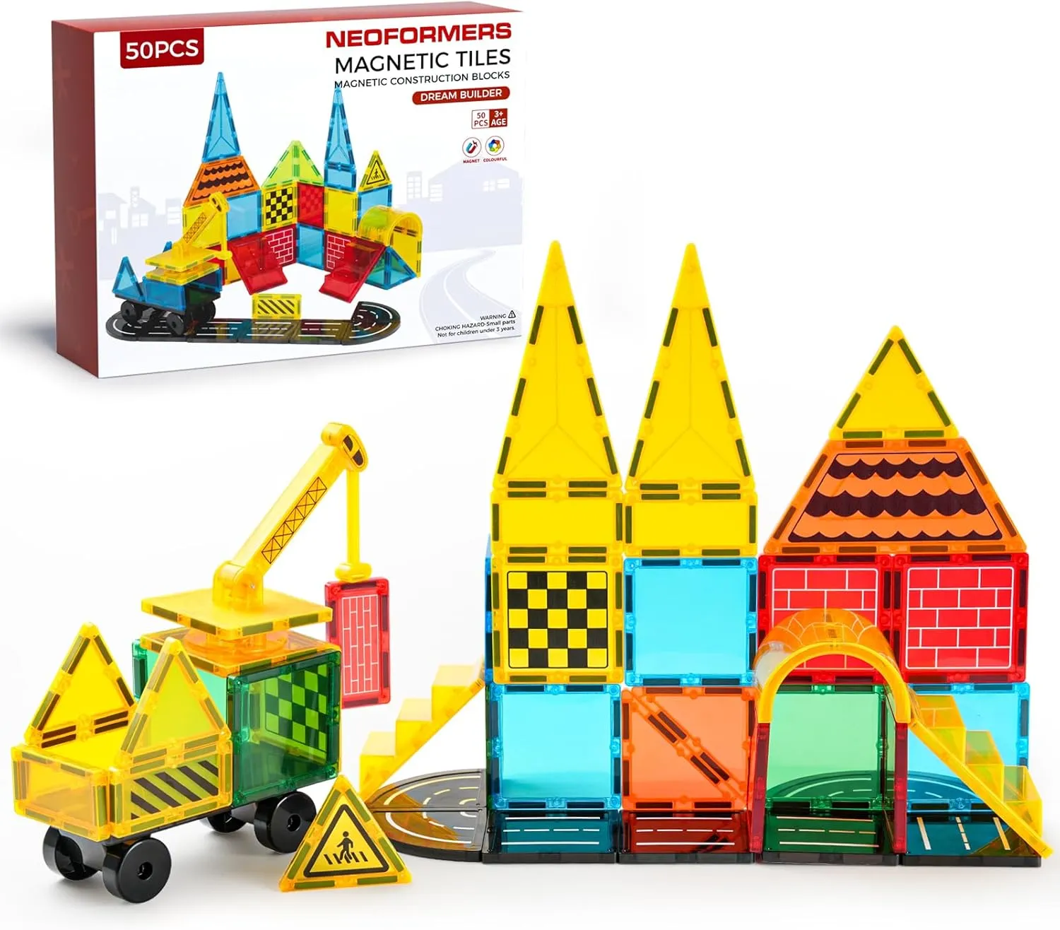 6 Piece Magnetic Tiles Set Large Square Shape Magnet Building Block Construction Toy STEM Learning Kit Educational Playset Playboard (NF-50 Builder)