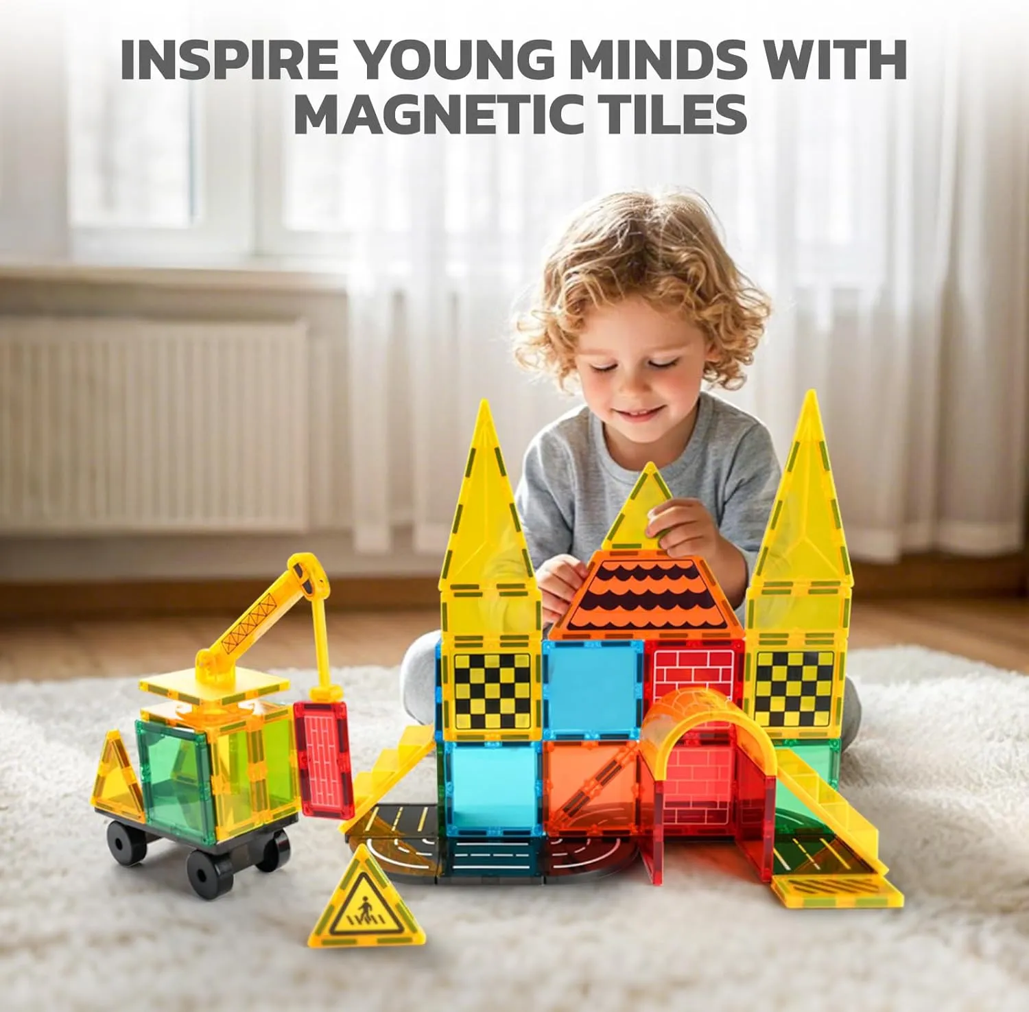6 Piece Magnetic Tiles Set Large Square Shape Magnet Building Block Construction Toy STEM Learning Kit Educational Playset Playboard (NF-50 Builder)