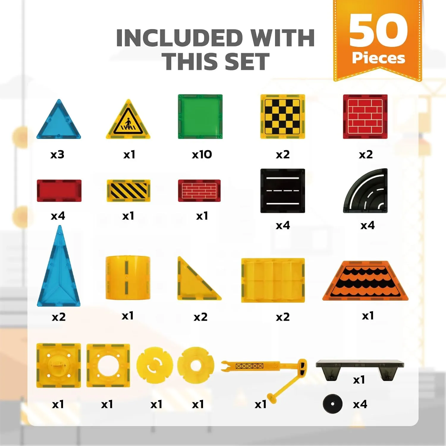 6 Piece Magnetic Tiles Set Large Square Shape Magnet Building Block Construction Toy STEM Learning Kit Educational Playset Playboard (NF-50 Builder)