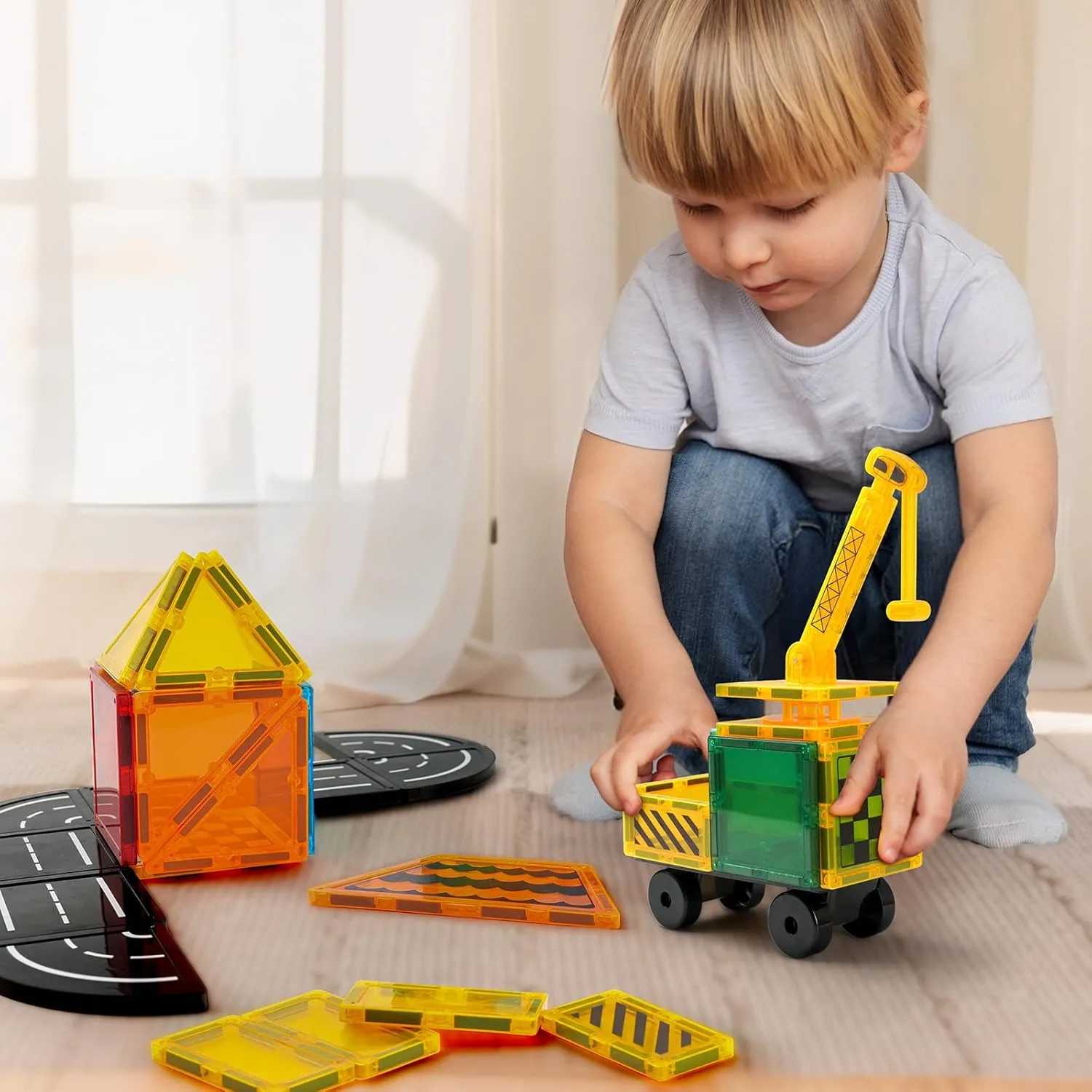 6 Piece Magnetic Tiles Set Large Square Shape Magnet Building Block Construction Toy STEM Learning Kit Educational Playset Playboard (NF-50 Builder)