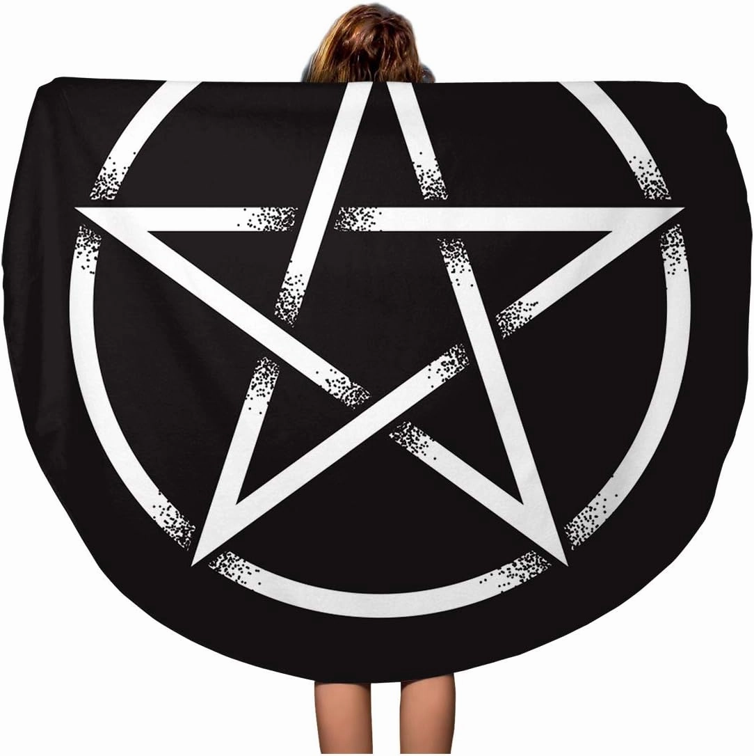 60 Inches Round Beach Towel Blanket Pentagram Pentalpha Pentangle Dot Work Ancient Pagan Symbol Travel Circle Circular Towels Mat Tapestry Beach Throw