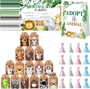 65 Pcs Safari Animals Party Supplies-16 Foldable Boxes 16 Stuffed Safari Animals 16 Birthday Hats 16 Adoption Certificates 1 Adopt Card for Adopt a Pet Party Supplies Decoration