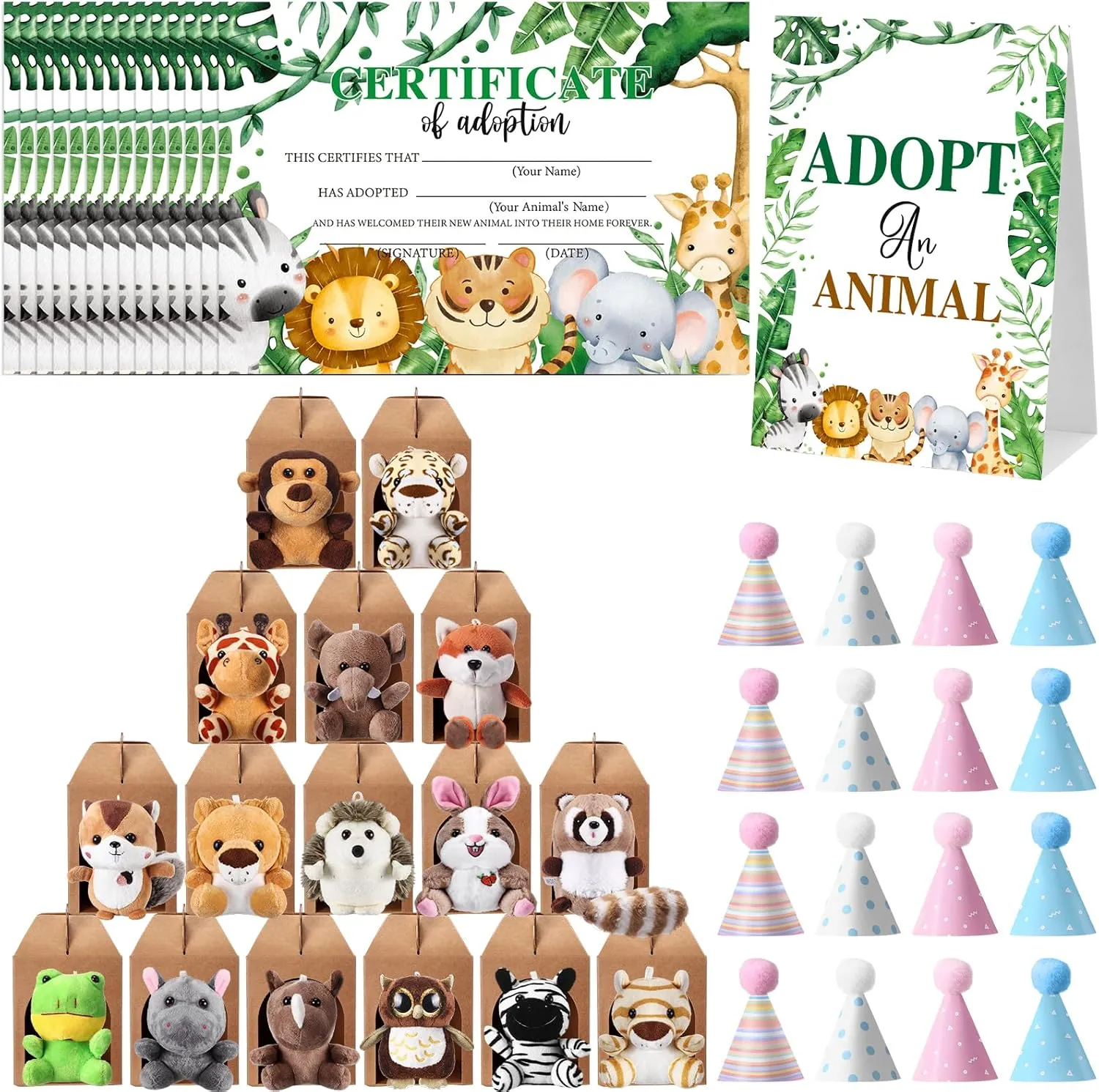 65 Pcs Safari Animals Party Supplies-16 Foldable Boxes 16 Stuffed Safari Animals 16 Birthday Hats 16 Adoption Certificates 1 Adopt Card for Adopt a Pet Party Supplies Decoration