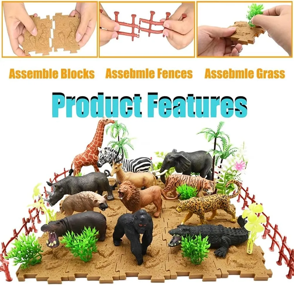 65PCS Safari Animals Figures Toys, Realistic Plastic Jungle Zoo Wild Animals with Fence Building Blocks Storage Box Christmas Birthday Gift for Kids 3-8