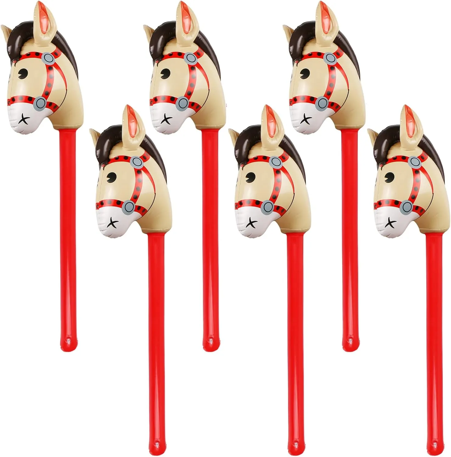 6PCS Inflatable Stick Horse,Blow Up Horse Head on Stick Pony Costume Western Cowboy Cowgirl Baby Shower Birthday Party Decorations Halloween Supplies Favors Props, 38 Inches (Red)