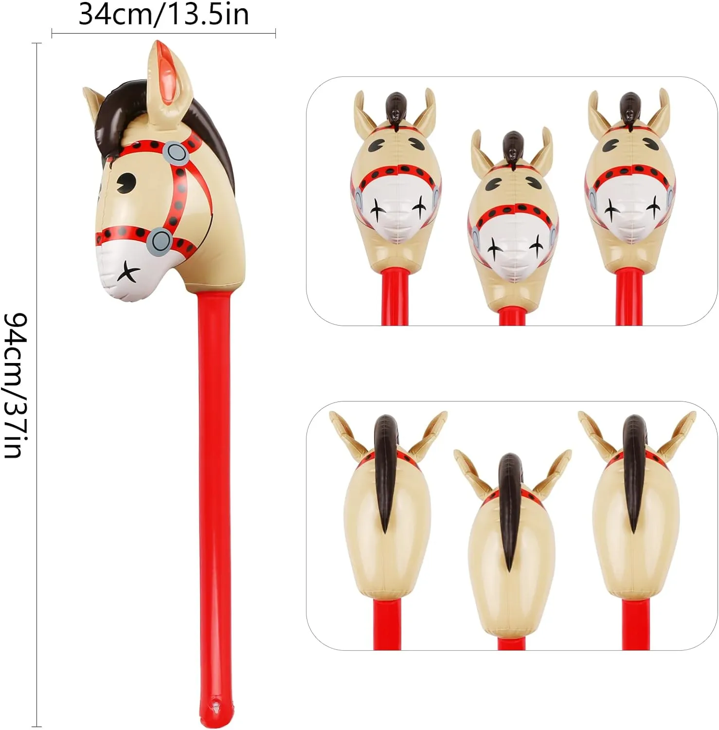 6PCS Inflatable Stick Horse,Blow Up Horse Head on Stick Pony Costume Western Cowboy Cowgirl Baby Shower Birthday Party Decorations Halloween Supplies Favors Props, 38 Inches (Red)