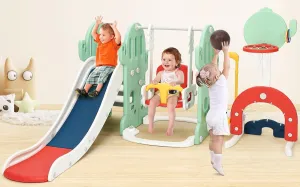 7-in-1 Indoor Slide and Swing Set, Freestanding Toddler Slide Climber Playset for Kids with Adjustable Swing, Basketball Hoop, Soccer, Golf, Ring Toss Game, Baby Indoor Outdoor Playground