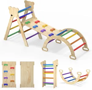 7 in 1 Montessori Pikler Triangle Set, Foldable Wooden Pickler-3 Piece Baby Climbing Gym Toddler Climbing Toys Indoor with Arch, Ramp, Ladder