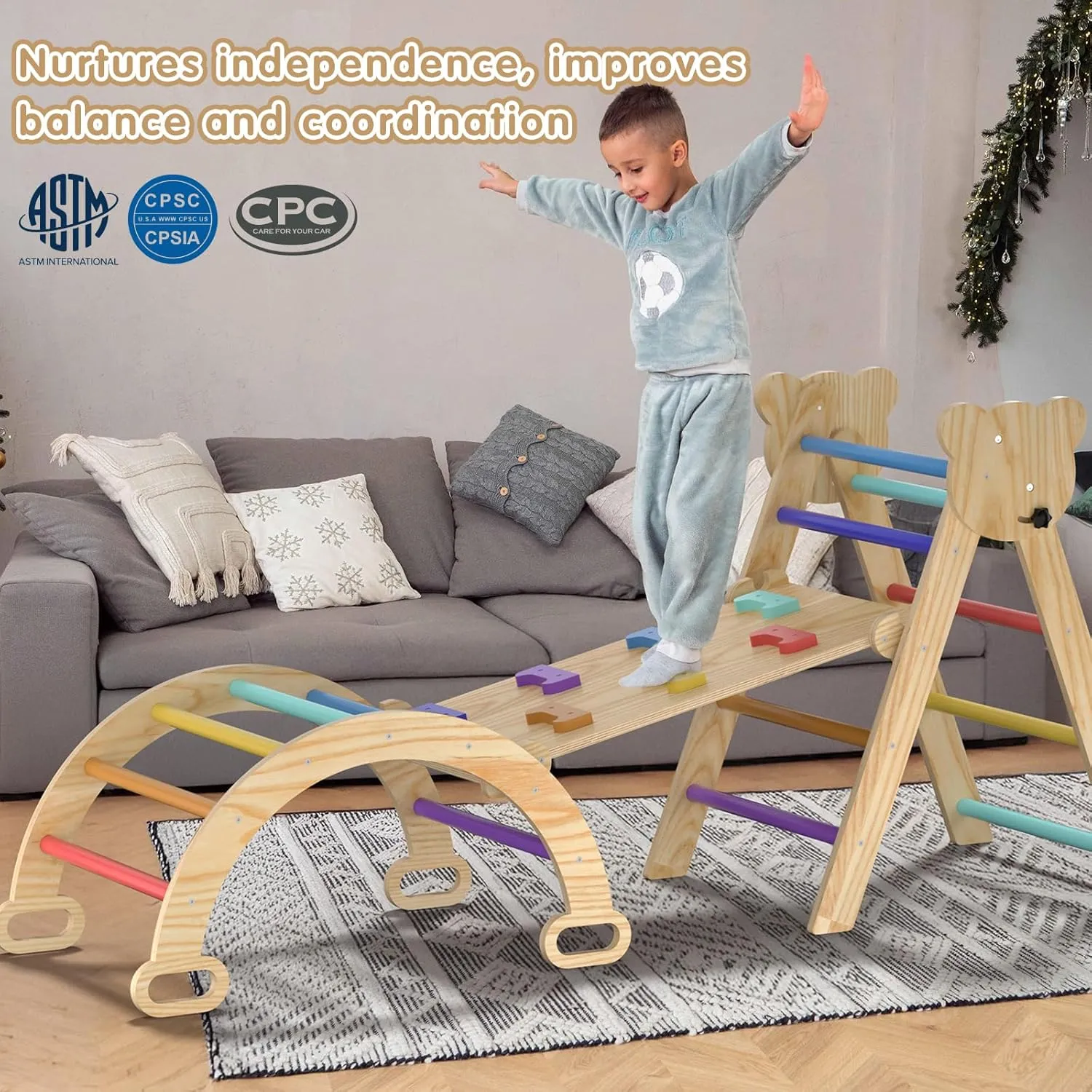 7 in 1 Montessori Pikler Triangle Set, Foldable Wooden Pickler-3 Piece Baby Climbing Gym Toddler Climbing Toys Indoor with Arch, Ramp, Ladder