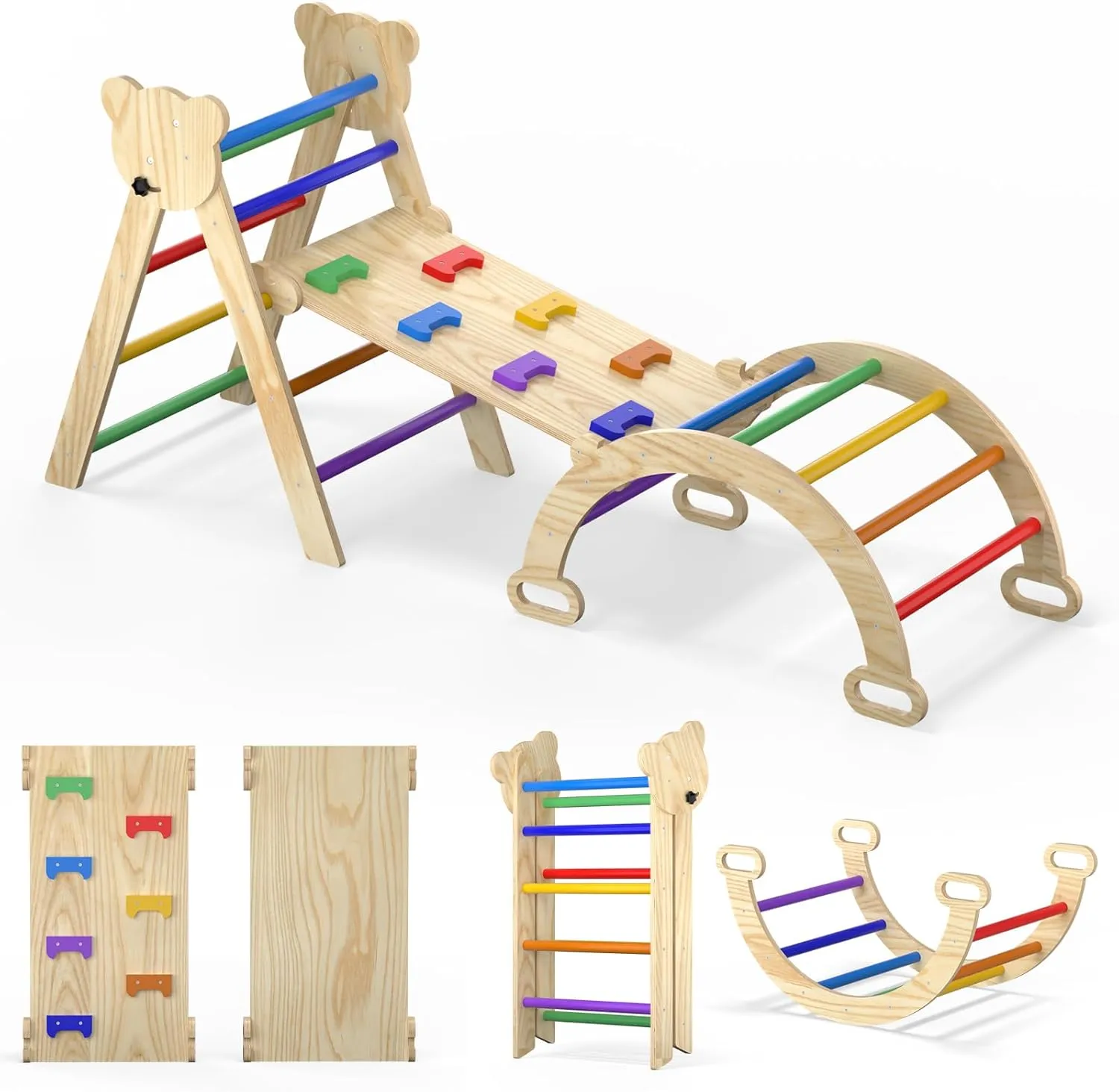 7 in 1 Montessori Pikler Triangle Set, Foldable Wooden Pickler-3 Piece Baby Climbing Gym Toddler Climbing Toys Indoor with Arch, Ramp, Ladder