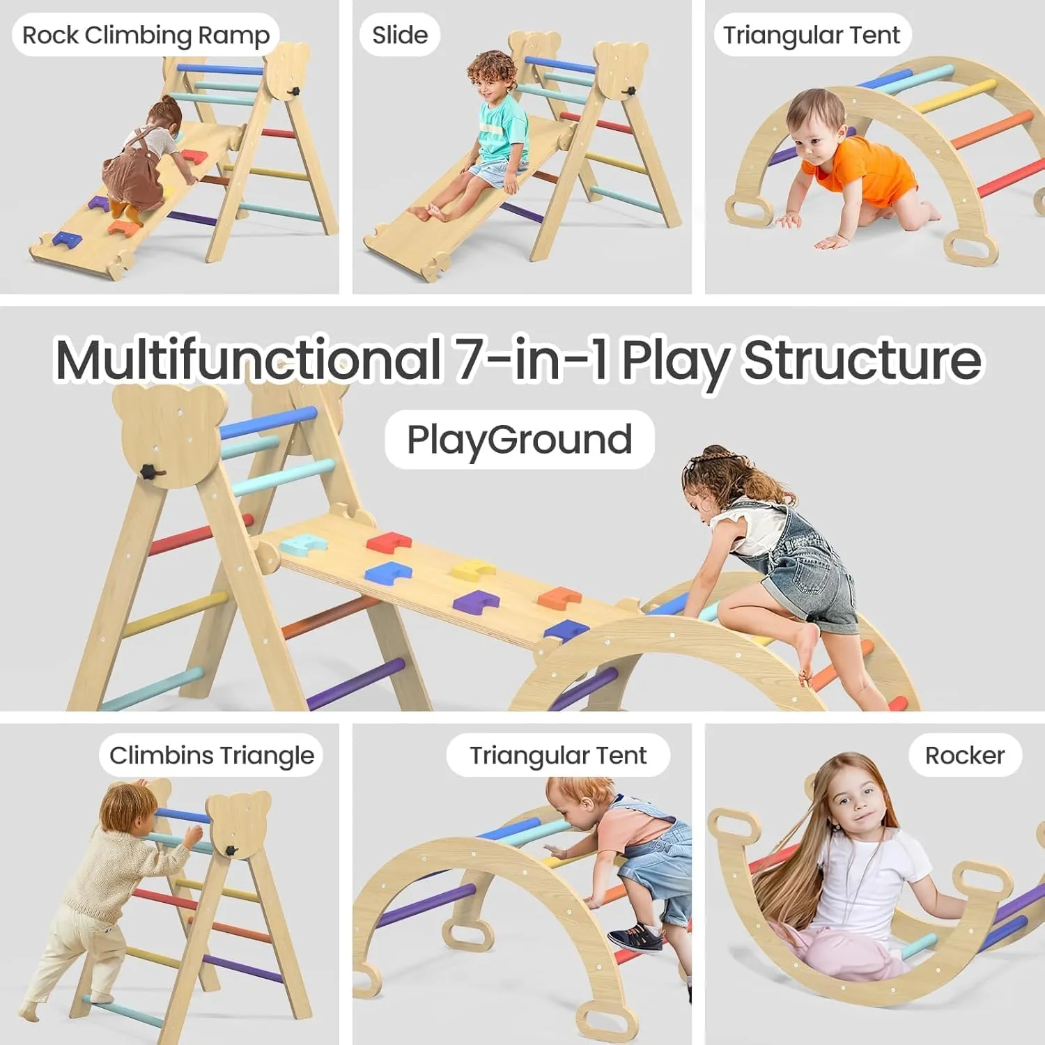 7 in 1 Montessori Pikler Triangle Set, Foldable Wooden Pickler-3 Piece Baby Climbing Gym Toddler Climbing Toys Indoor with Arch, Ramp, Ladder