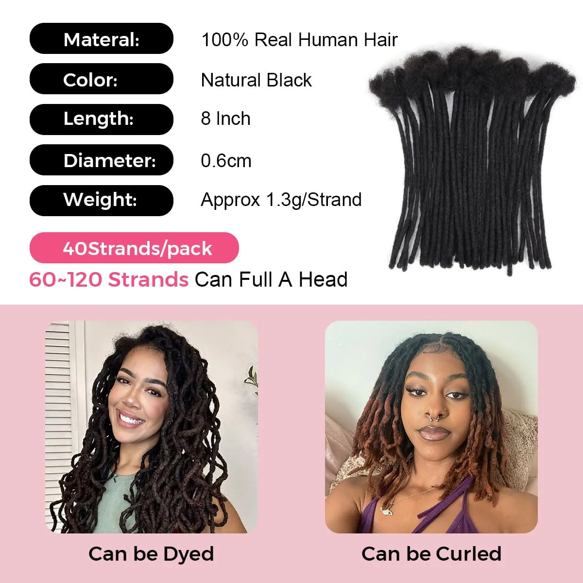 8 Inch 40 Strands Loc Extensions Human Hair, 0.6cm Pencle Size Dreadlock Extensions Human Hair for Women Men Kids Full Handmade Permanent Dreads Locs(Natural Black)