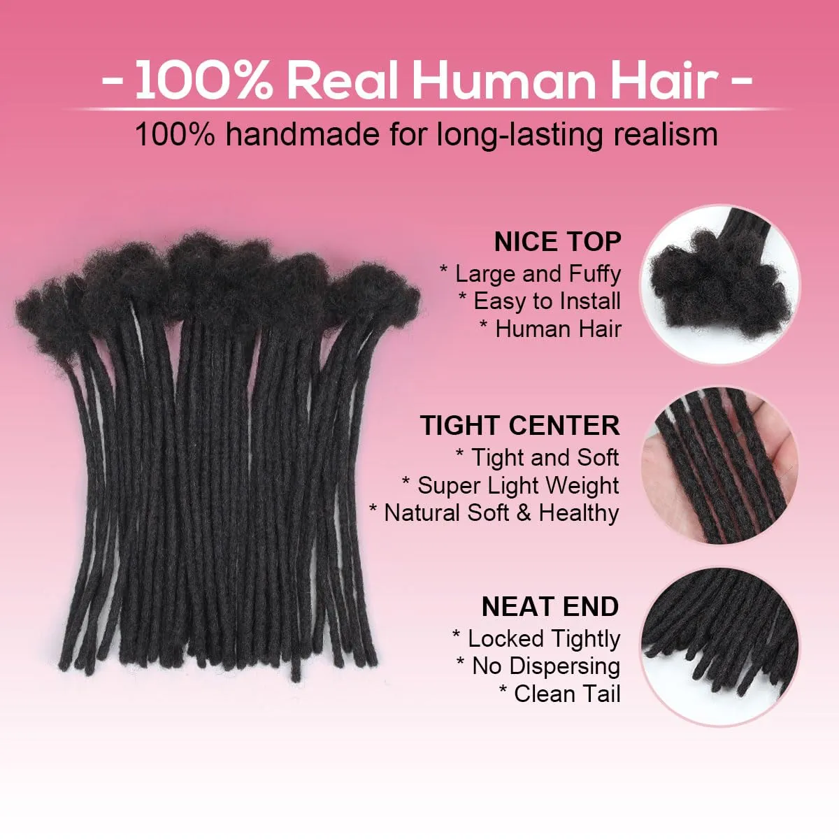 8 Inch 40 Strands Loc Extensions Human Hair, 0.6cm Pencle Size Dreadlock Extensions Human Hair for Women Men Kids Full Handmade Permanent Dreads Locs(Natural Black)