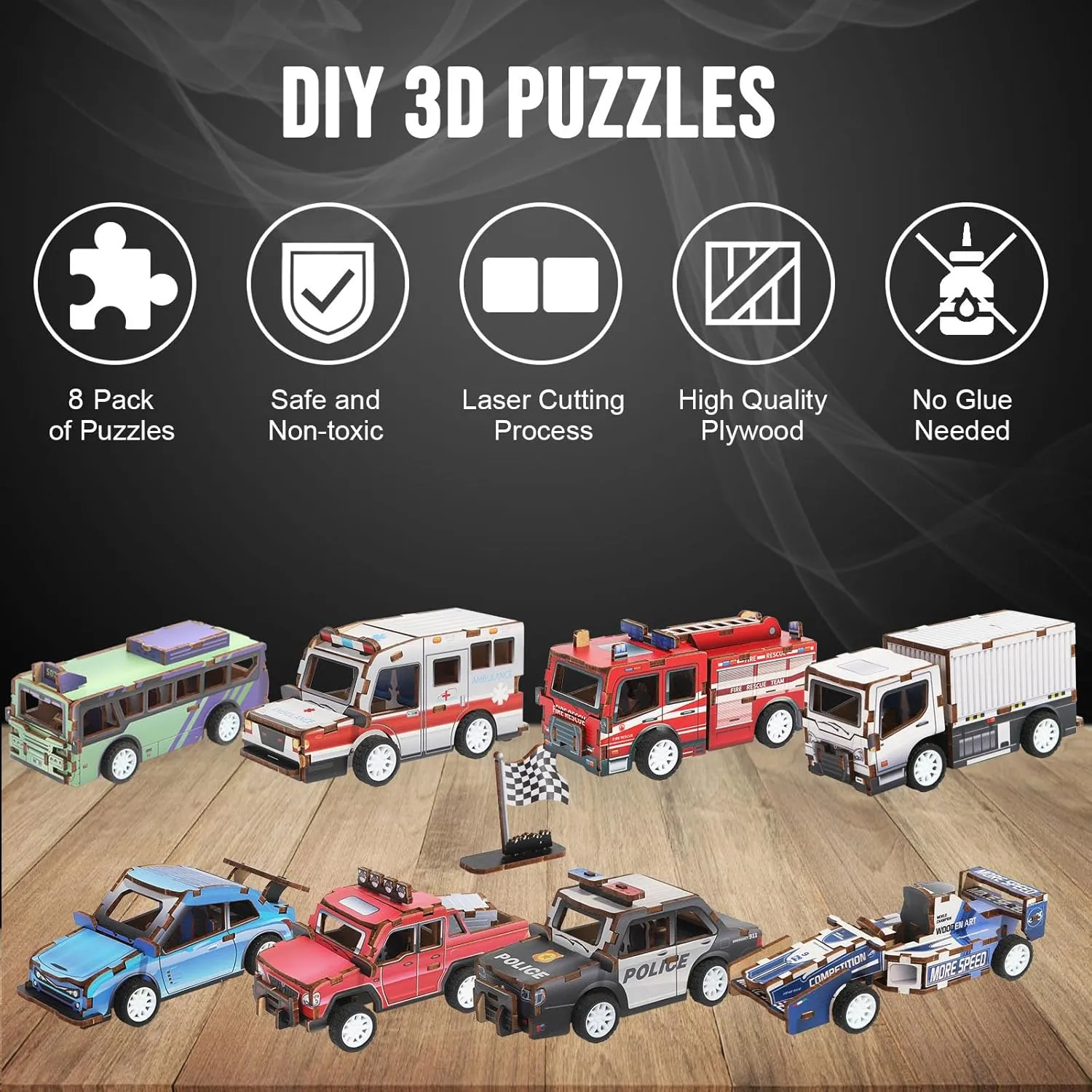 8 Pack 3D Wooden Puzzle STEM Model Car Kits, Science Kits for Young Engineer, 3D Puzzles for Kids Ages 4-12, Educational Wooden Craft Gifts for Boys & Girls