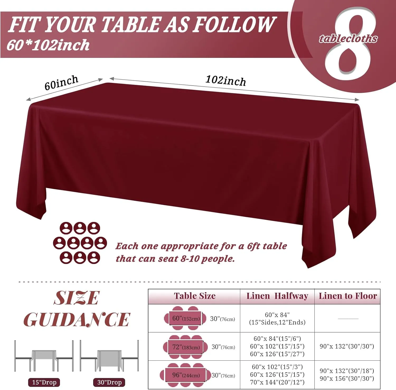 8 Pack 60 x 102 Inch Rectangle Tablecloth, Burgundy Tablecloth for 6 Feet Rectangle Tables, Stain and Wrinkle Resistant Washable Fabric Table Cloth for Wedding Dining Table Buffet Parties Camping