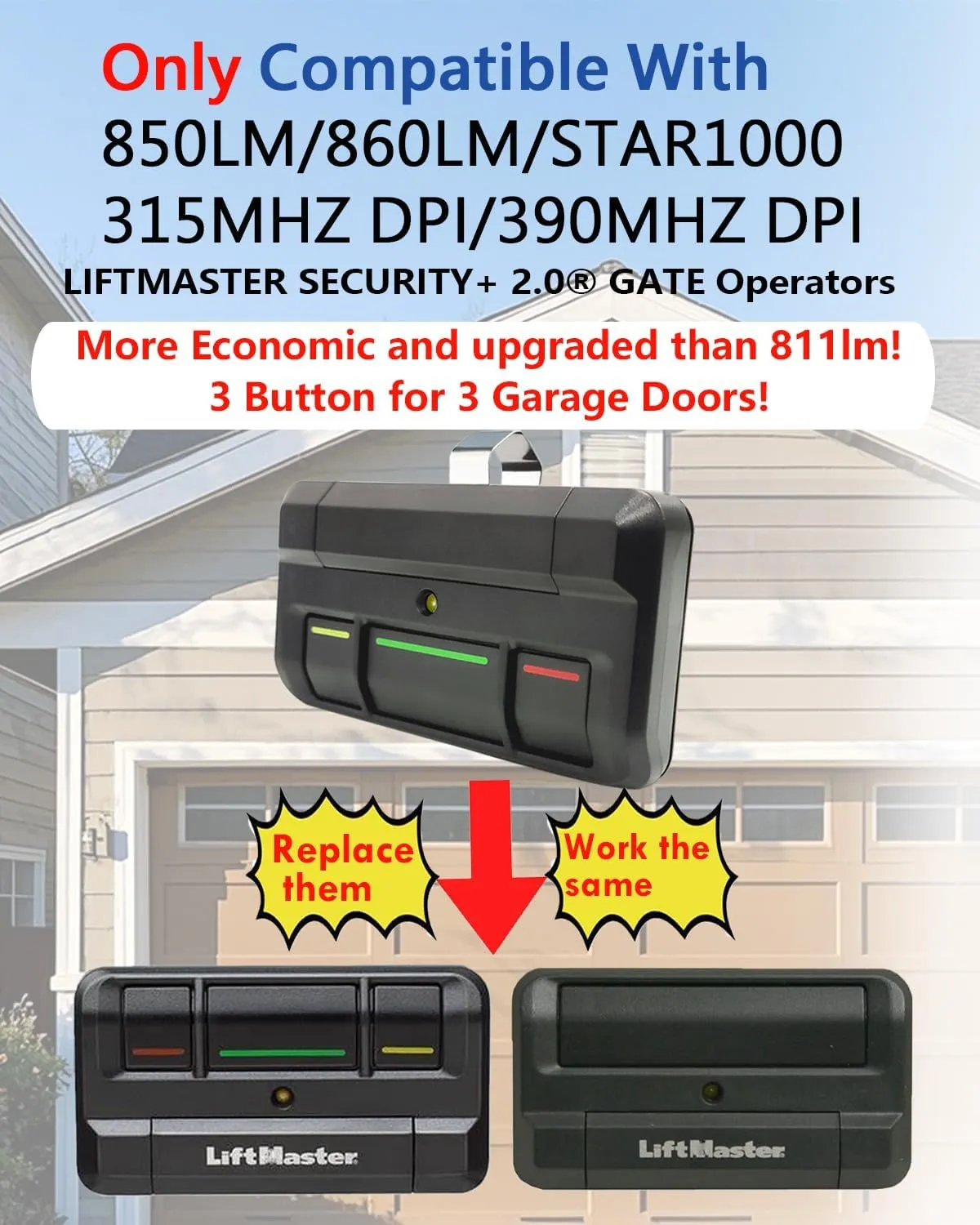 813LMX 811LMX 811LM 813LM 12-Code DIP Switch Garage Door Opener Remote for liftmaster 850LM, 860LM, STAR1000, Gate Clicker Gate Remote Control for Commercial Door Operator, Garage Opener