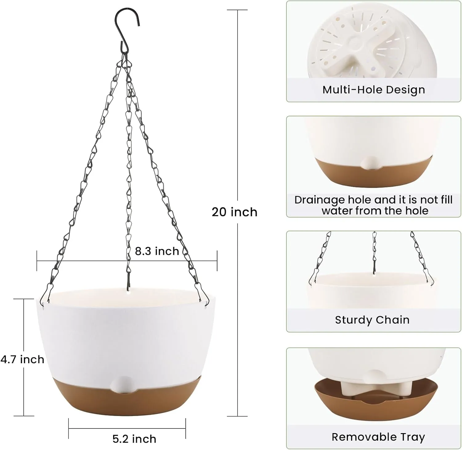 8.3 Inch Hanging Planter, 3 Pack Hanging Plastic Plant Self Watering Pot with Drainage Holes and Saucers, Hanging Baskets Flower Pots for Indoor Outdoor Garden Plants and Flowers-White