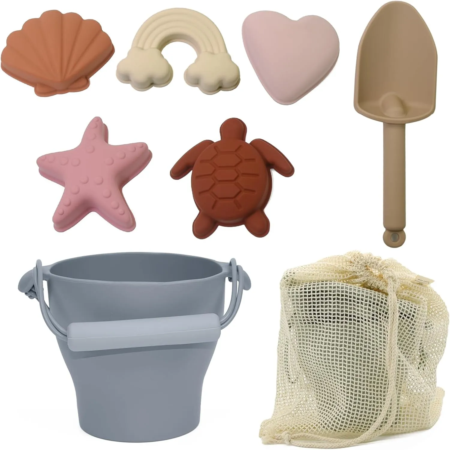 8Pcs Silicone Beach Toys for Kids 3-10, Including Bucket, Shovel, 5 Molds, Bag, Eco-Friendly Sand Set for Toddlers Age 3-5, Travel-Friendly