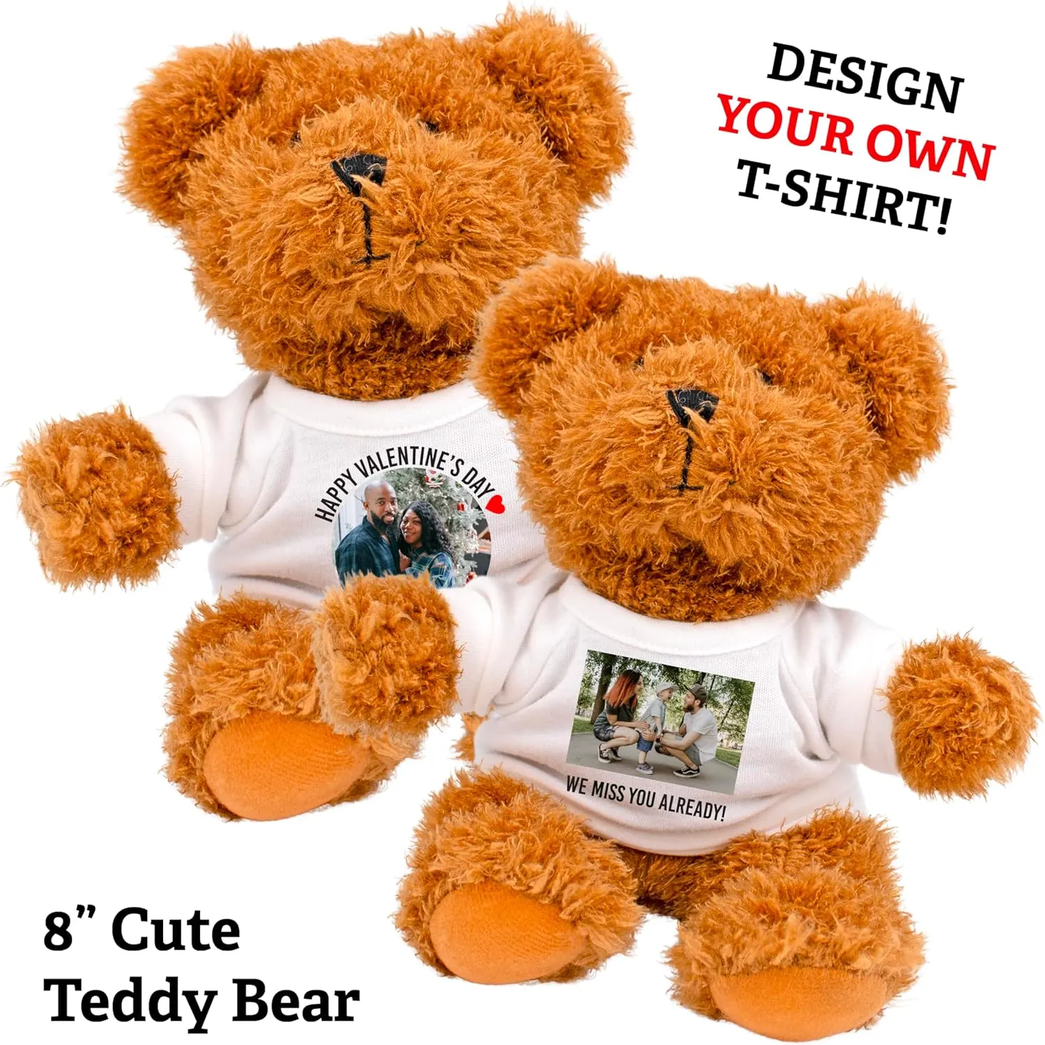 8" Teddy Bear Gift with Personalized T-Shirt | Add Name, Photo, Logo, or Message | One or Two-Sided Print | Birthday, Memorial, Anniversary, Company (Teddy and Tee - Front Printing)