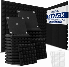 | 24 Pack | 12x12x2inch | High Density Acoustic Foam Wall Panels | Pyramid Shape | Double Sided Adhesive Tape | Sound Absorbing Acoustic Panels | Sound Proof Foam Panels For Walls