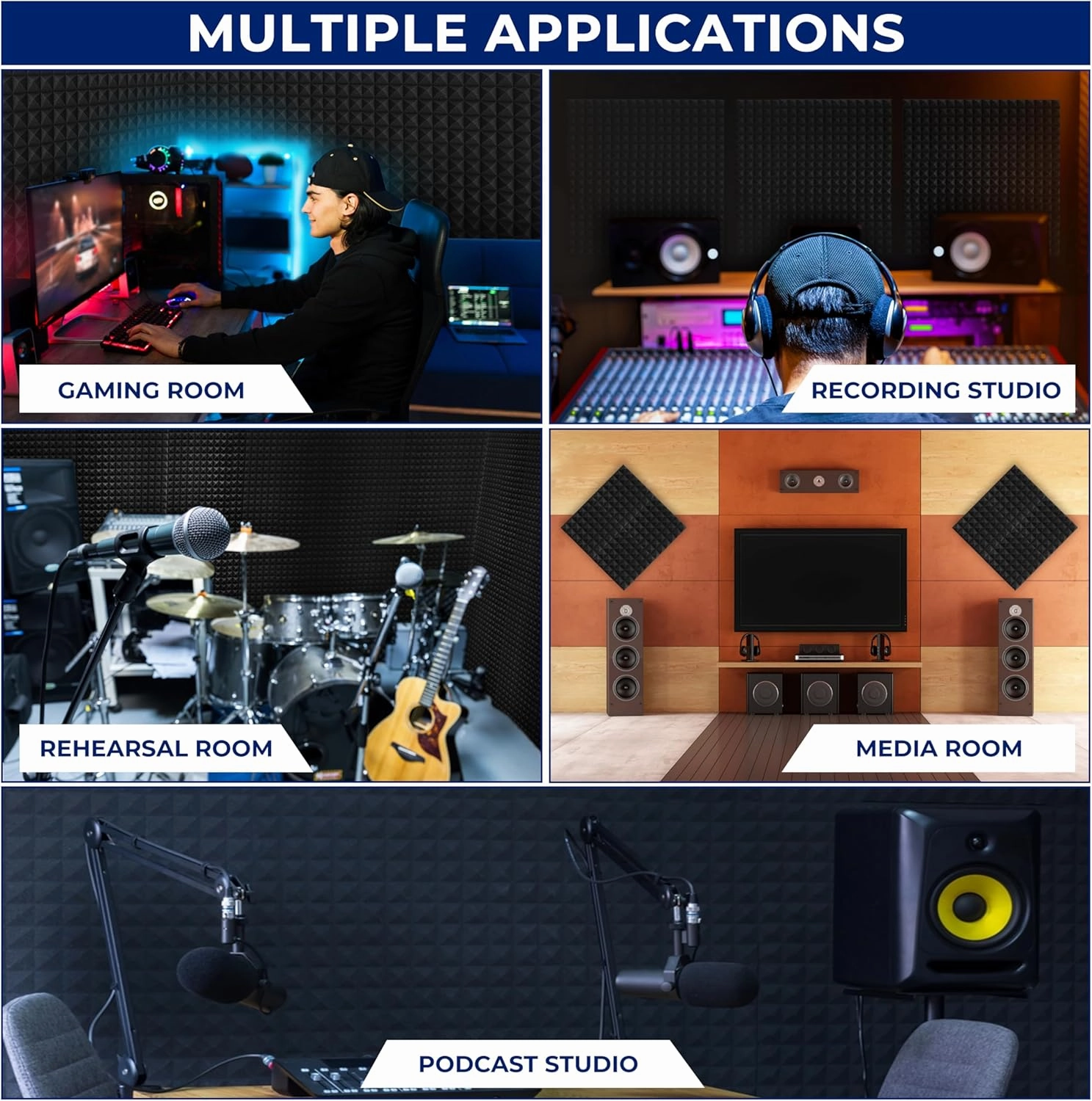 | 24 Pack | 12x12x2inch | High Density Acoustic Foam Wall Panels | Pyramid Shape | Double Sided Adhesive Tape | Sound Absorbing Acoustic Panels | Sound Proof Foam Panels For Walls
