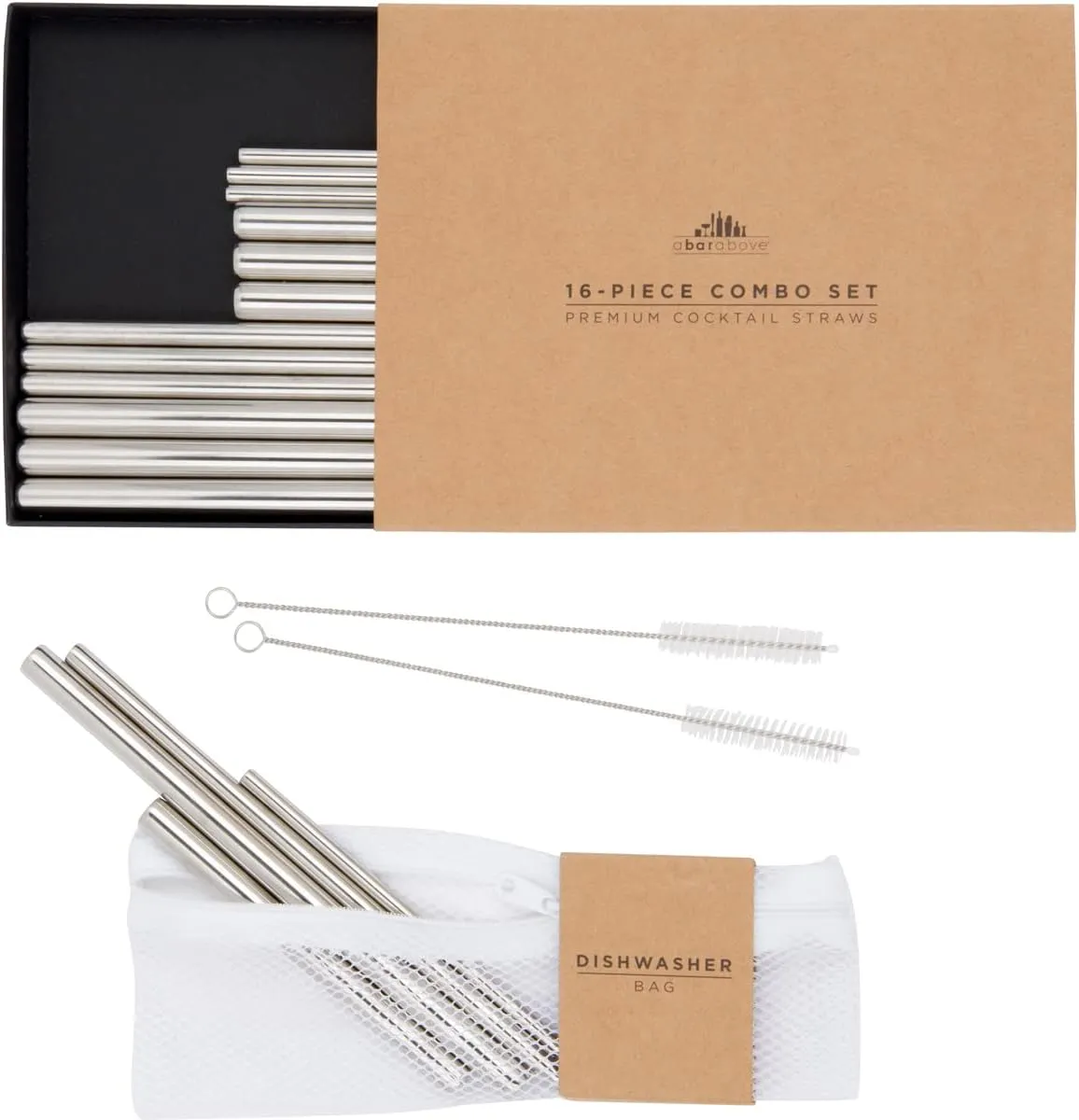 A Bar Above Drinking Straws, Cocktail Combo, Metal Straw for Home Bars, Stainless Steel with Cleaning Tool, Dishwasher Bag, Cocktail Straw, Metal Short, Long, Narrow, Wide Straws, 19 Pcs