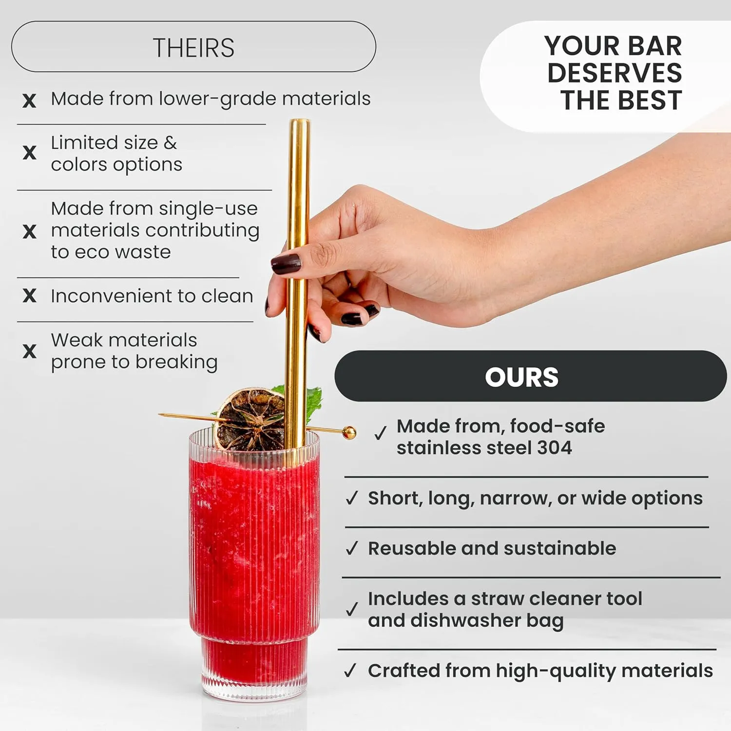A Bar Above Drinking Straws, Cocktail Combo, Metal Straw for Home Bars, Stainless Steel with Cleaning Tool, Dishwasher Bag, Cocktail Straw, Metal Short, Long, Narrow, Wide Straws, 19 Pcs