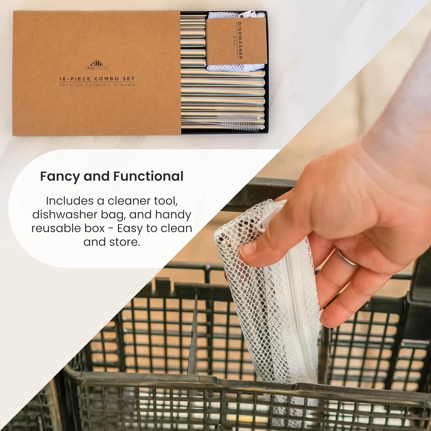 A Bar Above Drinking Straws, Cocktail Combo, Metal Straw for Home Bars, Stainless Steel with Cleaning Tool, Dishwasher Bag, Cocktail Straw, Metal Short, Long, Narrow, Wide Straws, 19 Pcs