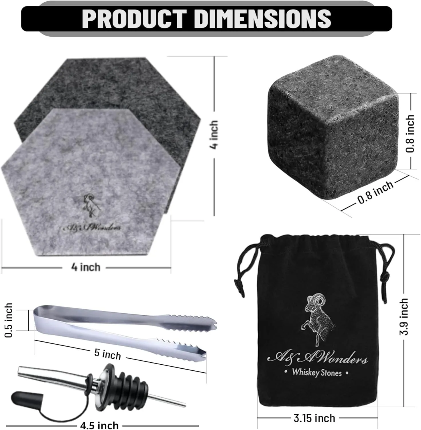 A&A Wonders Premium Whiskey Stones 100% Natural Granite Set Of 9 Chilling Rocks Stone Reusable Ice Cubes For Drinks With Velvet Carrying Pouch, Gift for Whiskey Lovers (Sculpture)