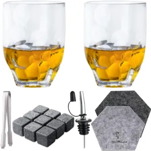 A&A Wonders Premium Whiskey Stones 100% Natural Granite Set Of 9 Chilling Rocks Stone Reusable Ice Cubes For Drinks With Velvet Carrying Pouch, Gift for Whiskey Lovers (Sculpture)