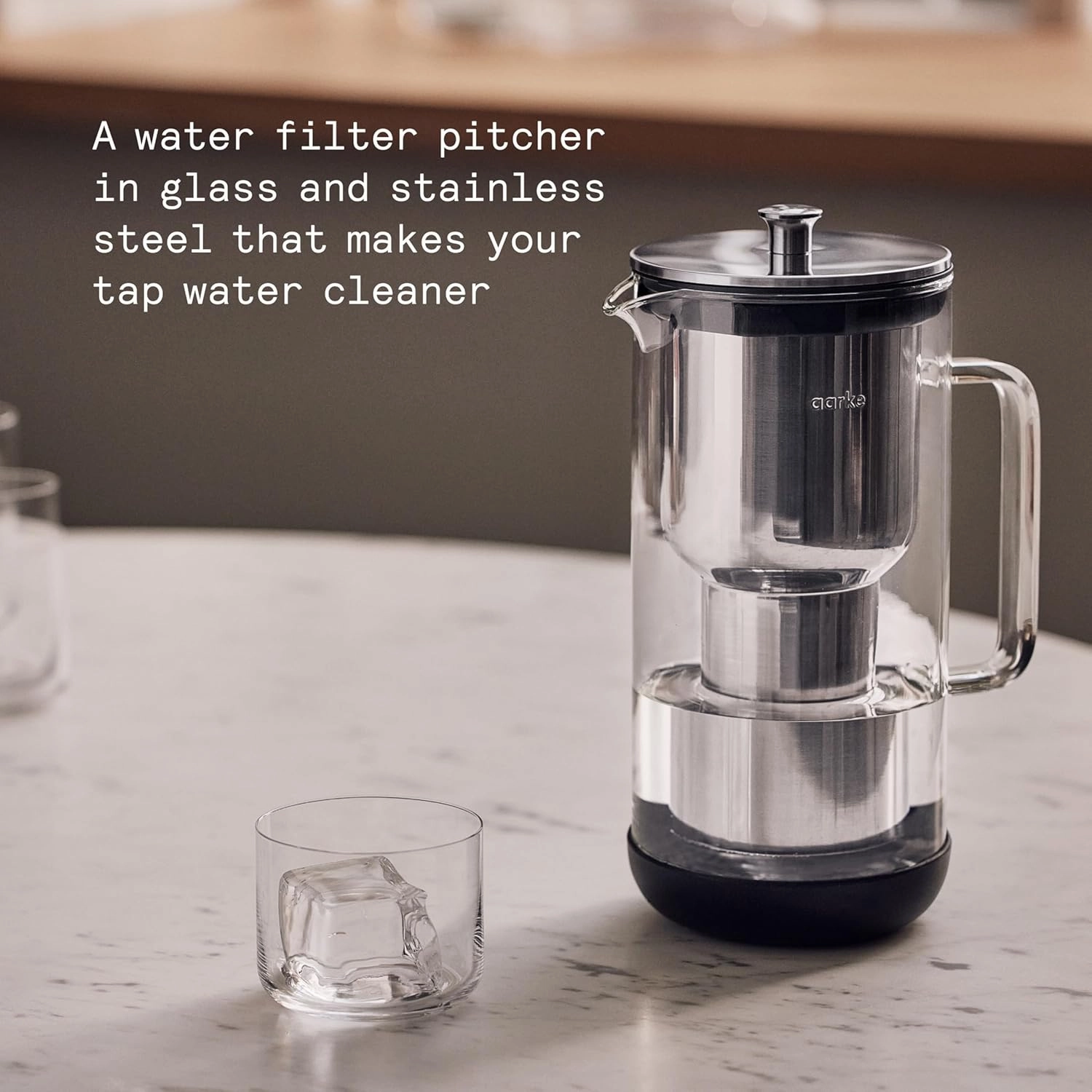aarke Purifier Glass Water Pitcher, Refillable Stainless Steel Filter, 8-Weeks Performance, BPA-Free, Dishwasher Safe, Pure & Enriched Refill Granules, 1.18L (5 Cups) Capacity