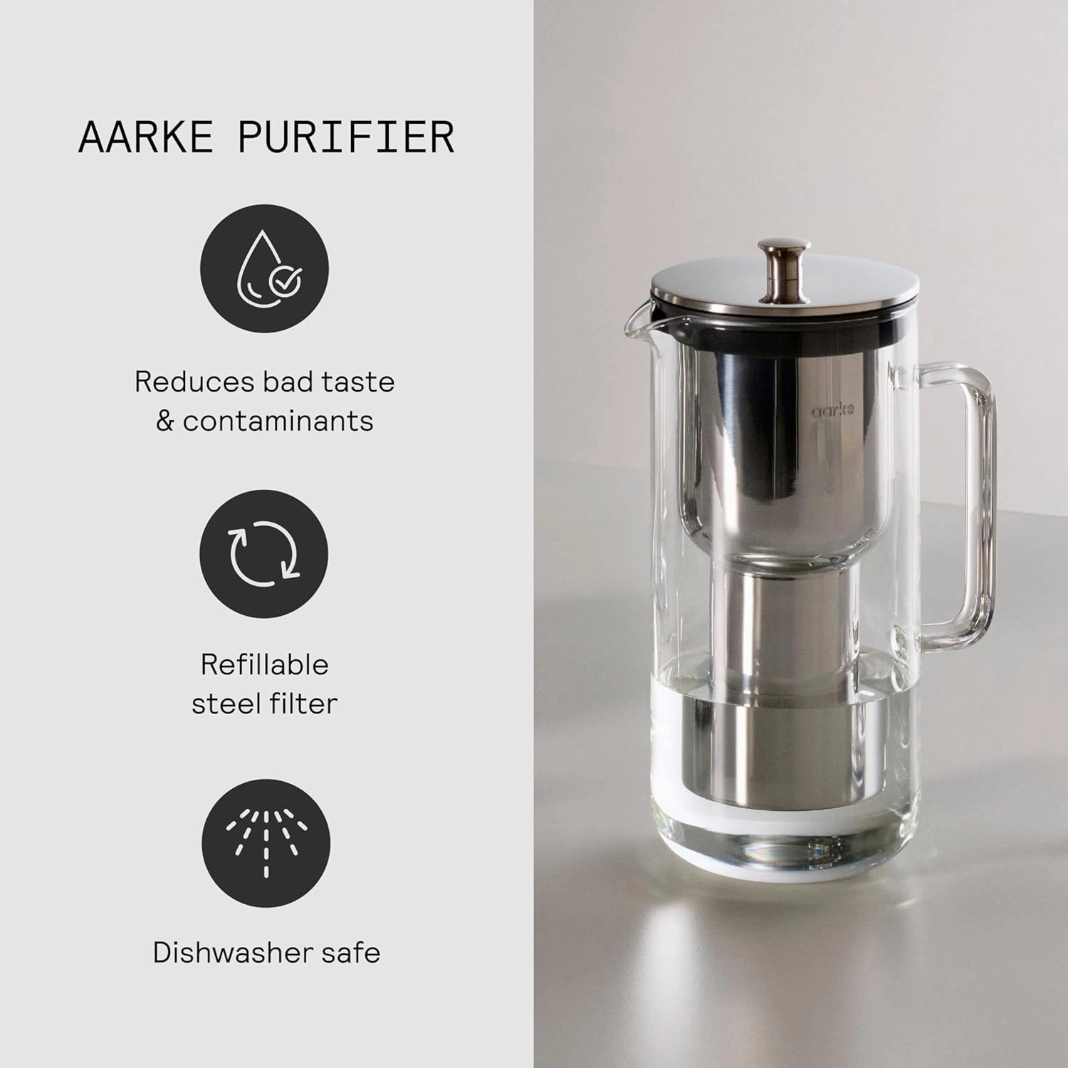 aarke Purifier Glass Water Pitcher, Refillable Stainless Steel Filter, 8-Weeks Performance, BPA-Free, Dishwasher Safe, Pure & Enriched Refill Granules, 1.18L (5 Cups) Capacity