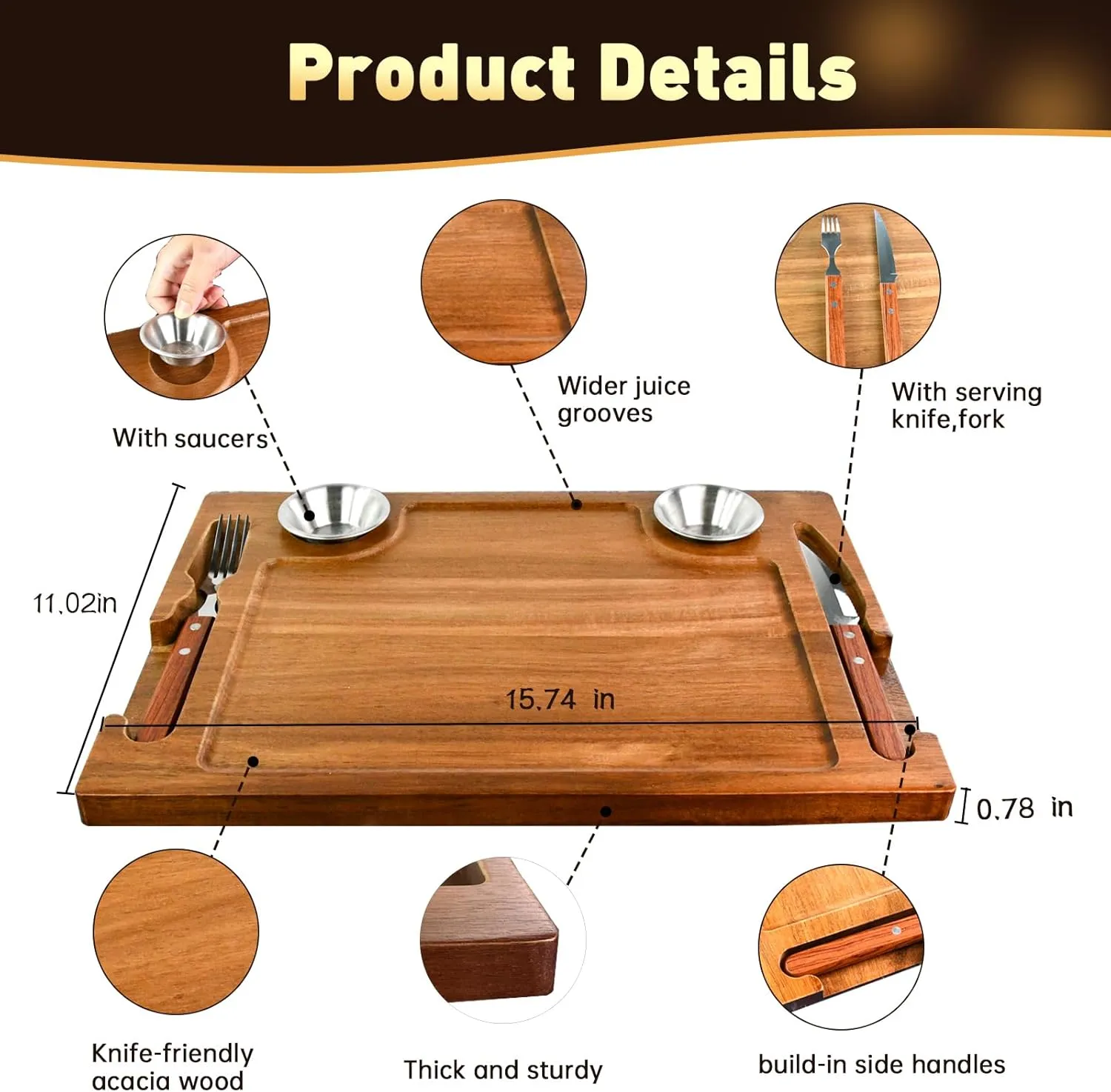 Acacia Wooden Steak Board - Steak Plate Cutting Board with Fork, Knife and Ramekins Wood Serving Board for Home 15.7 Inches (1 Set)