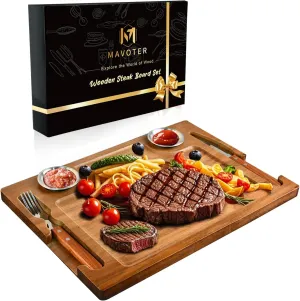 Acacia Wooden Steak Board - Steak Plate Cutting Board with Fork, Knife and Ramekins Wood Serving Board for Home 15.7 Inches (1 Set)