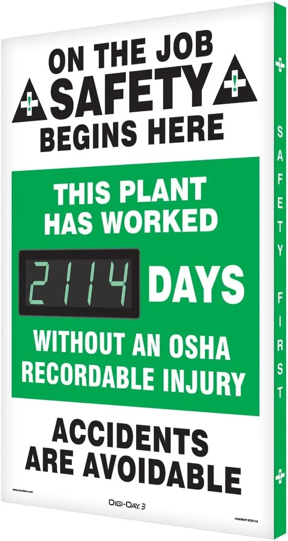 Accuform SCK114 Aluminum Digi-Day2 Electronic Scoreboard, ON The Job Safety Begins HERE - This Plant HAS Worked #### Days Without an OSHA RECORDABLE Injury - Accidents are AVOIDABLE"