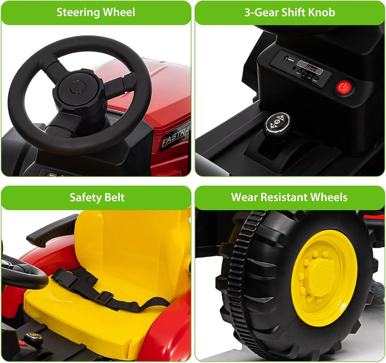 Acekool Kids Ride on Tractor with Remote Control, 12V Battery Powered Electric Tractor and 35W Dual Motors for Kids Bluetooth Music/USB, Safety Belt, 3-Gear-Shift, 7-LED Lights, Red