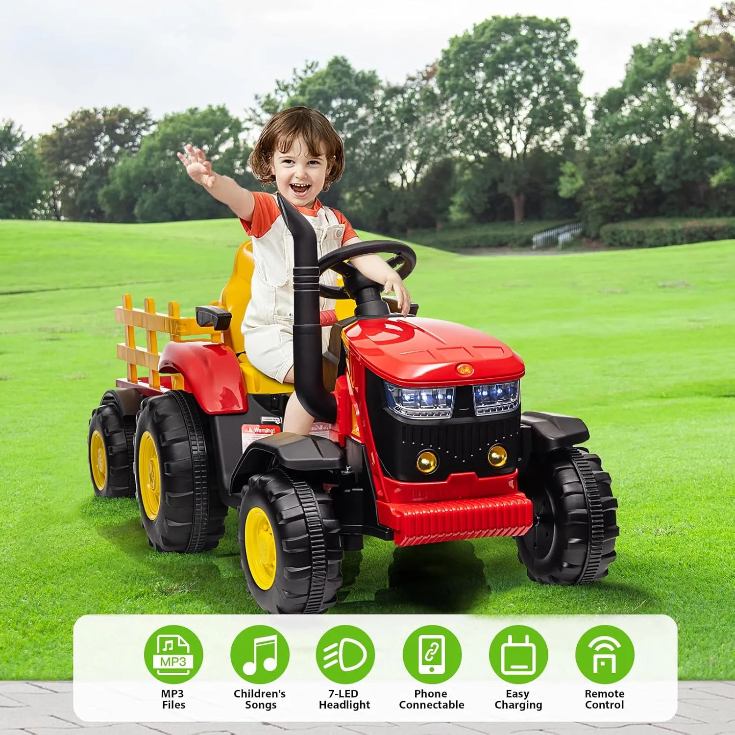 Acekool Kids Ride on Tractor with Remote Control, 12V Battery Powered Electric Tractor and 35W Dual Motors for Kids Bluetooth Music/USB, Safety Belt, 3-Gear-Shift, 7-LED Lights, Red
