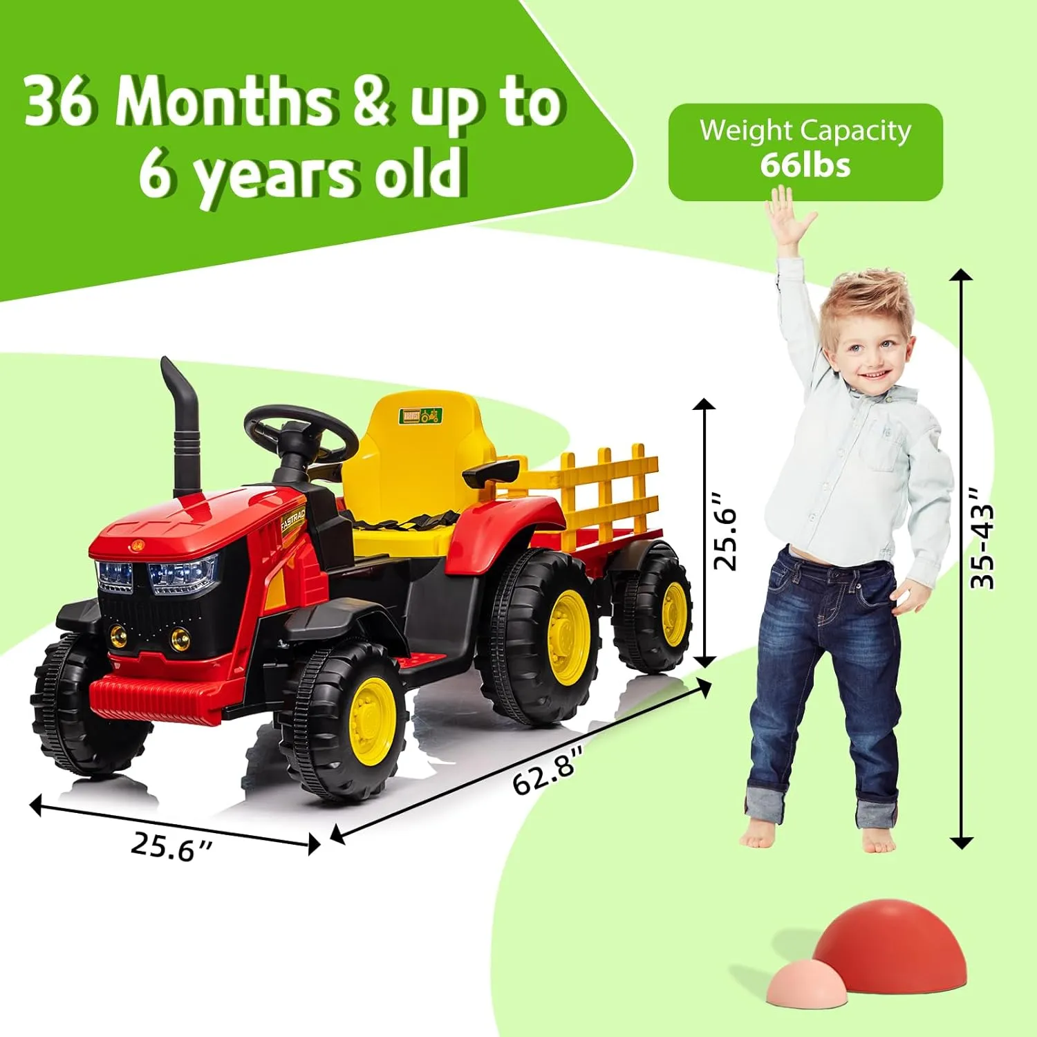 Acekool Kids Ride on Tractor with Remote Control, 12V Battery Powered Electric Tractor and 35W Dual Motors for Kids Bluetooth Music/USB, Safety Belt, 3-Gear-Shift, 7-LED Lights, Red