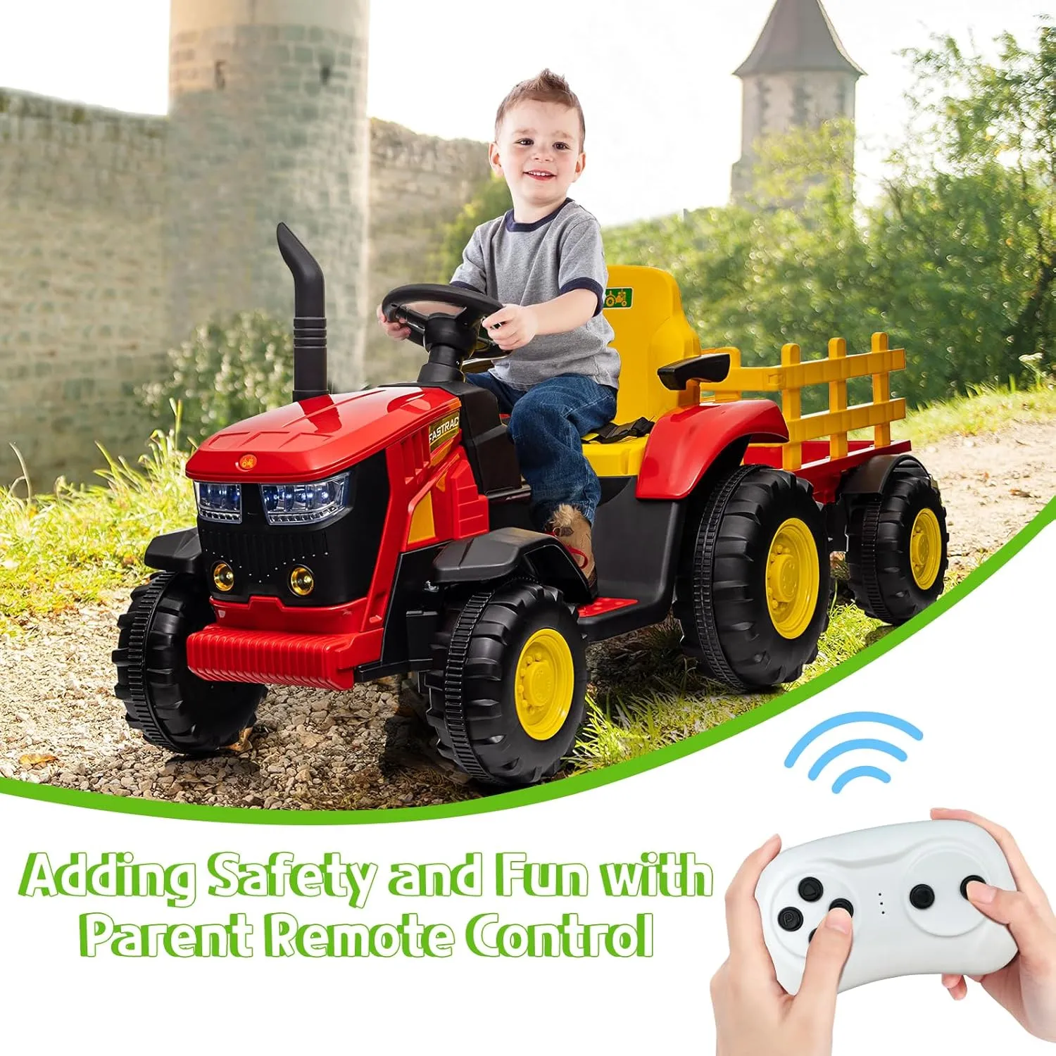 Acekool Kids Ride on Tractor with Remote Control, 12V Battery Powered Electric Tractor and 35W Dual Motors for Kids Bluetooth Music/USB, Safety Belt, 3-Gear-Shift, 7-LED Lights, Red