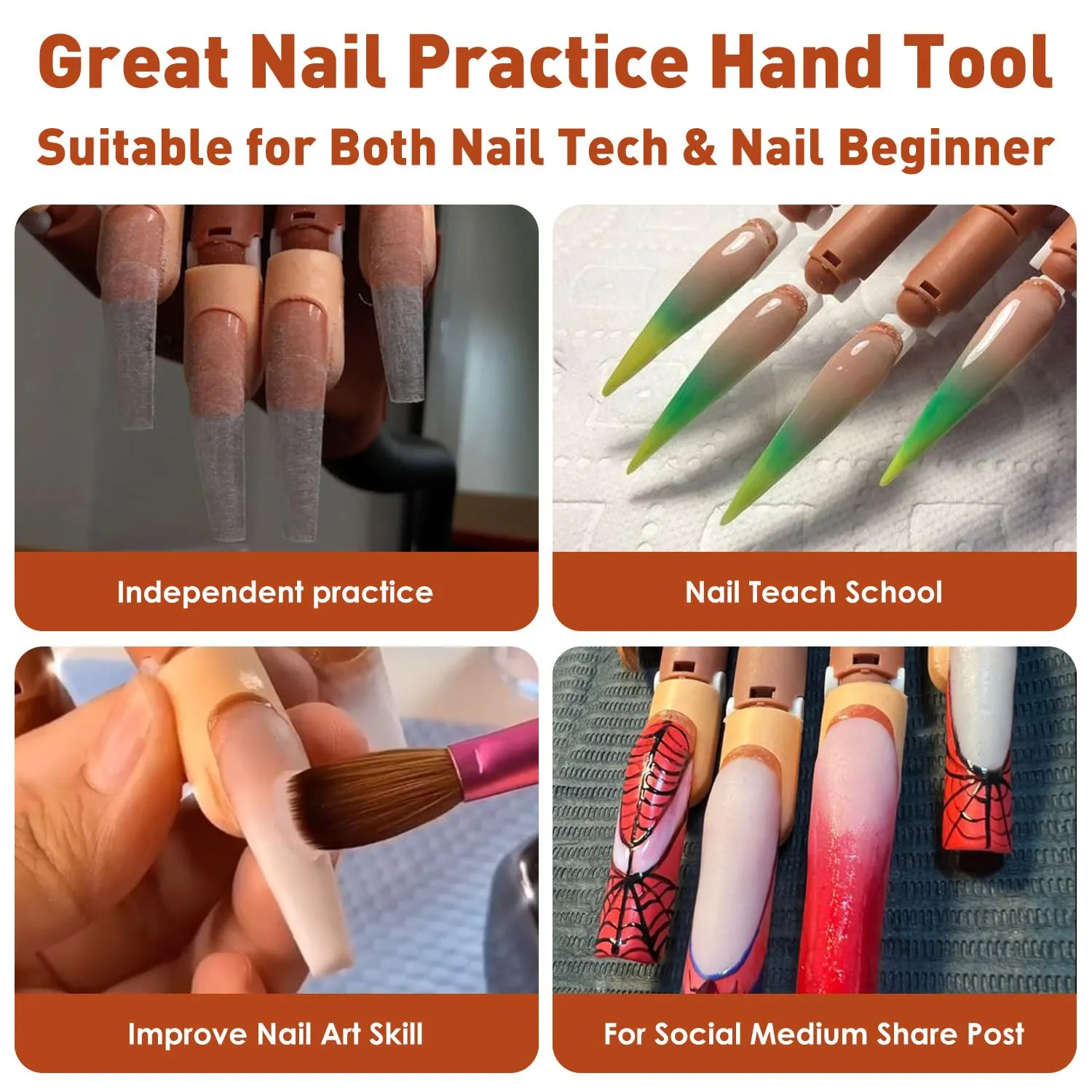 Acrylic Nails Practice Hand Kit, BORNBYME Nail Training Adjustable Finger Kits with 200 PCS Nail Tips, Nail File, Nail Brush and Nail Clipper