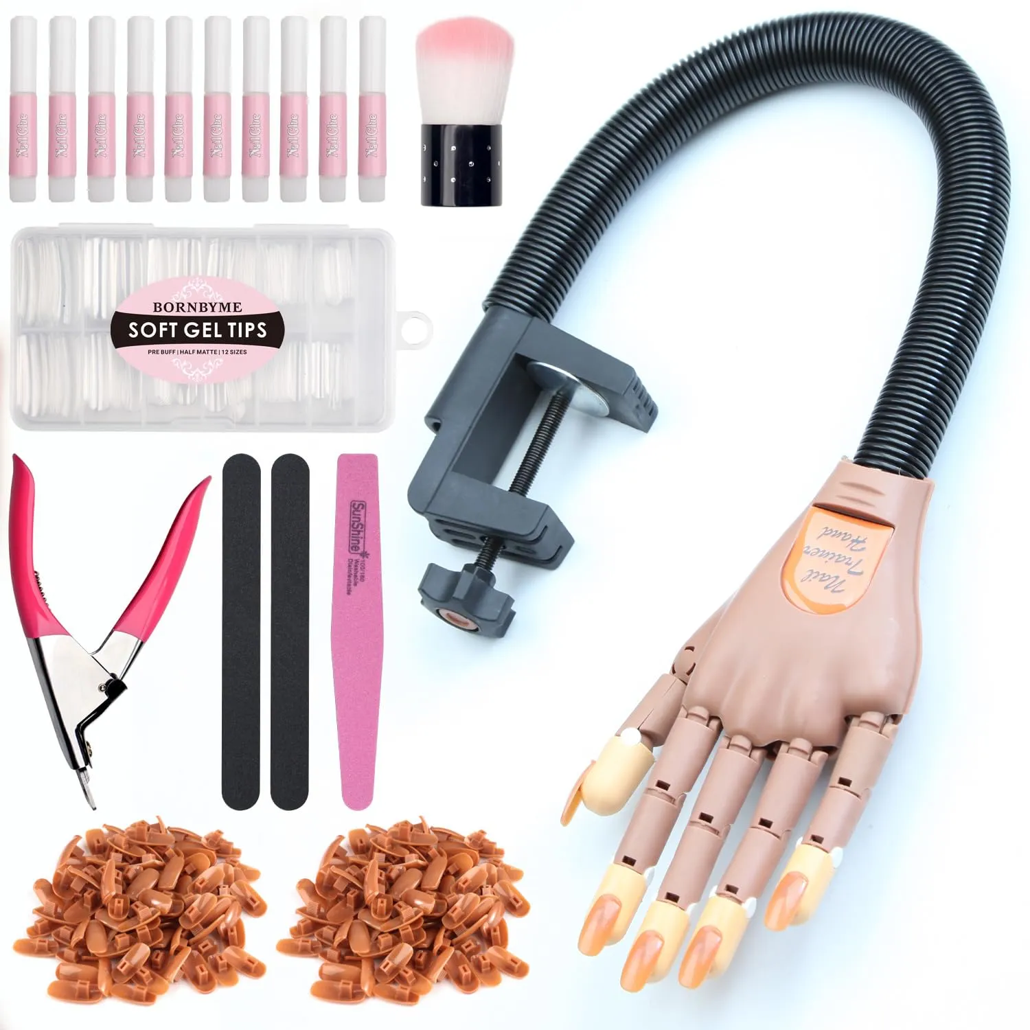 Acrylic Nails Practice Hand Kit, BORNBYME Nail Training Adjustable Finger Kits with 200 PCS Nail Tips, Nail File, Nail Brush and Nail Clipper
