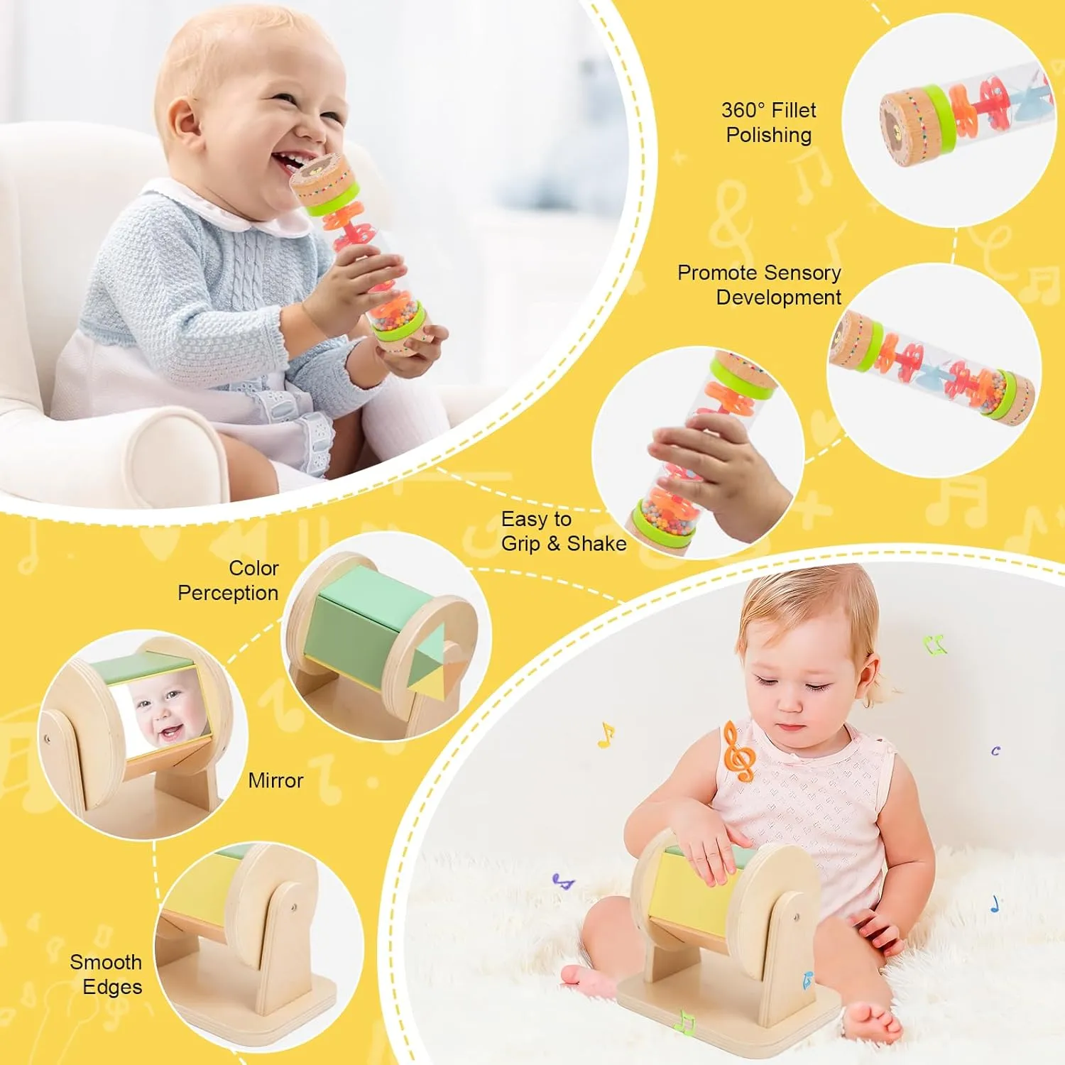 Adena Montessori Play Kit for 0-6 Month Baby,9 in 1 Learning Kit Includ Black&White Card,Rainmake Rattle,Sensory Ball,Tummy Time Wobbler,Tissue Box,Tissue,Rainbow Ball,Rainbow Drum,Suction Cup Spinner