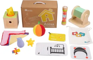 Adena Montessori Play Kit for 0-6 Month Baby,9 in 1 Learning Kit Includ Black&White Card,Rainmake Rattle,Sensory Ball,Tummy Time Wobbler,Tissue Box,Tissue,Rainbow Ball,Rainbow Drum,Suction Cup Spinner